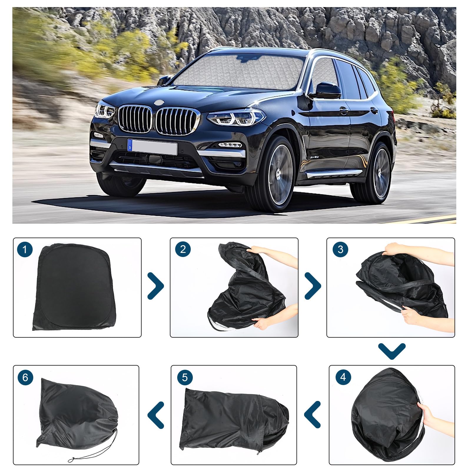 Sonnenschutz Auto Frontscheibe Kompatibel mit BMW X3 2017-2024, 3PCS Thermomatte Fahrerhaus, Auto Sonnenblende Frontscheibenabdeckung, Windschutzscheiben Innen Verdunkelung