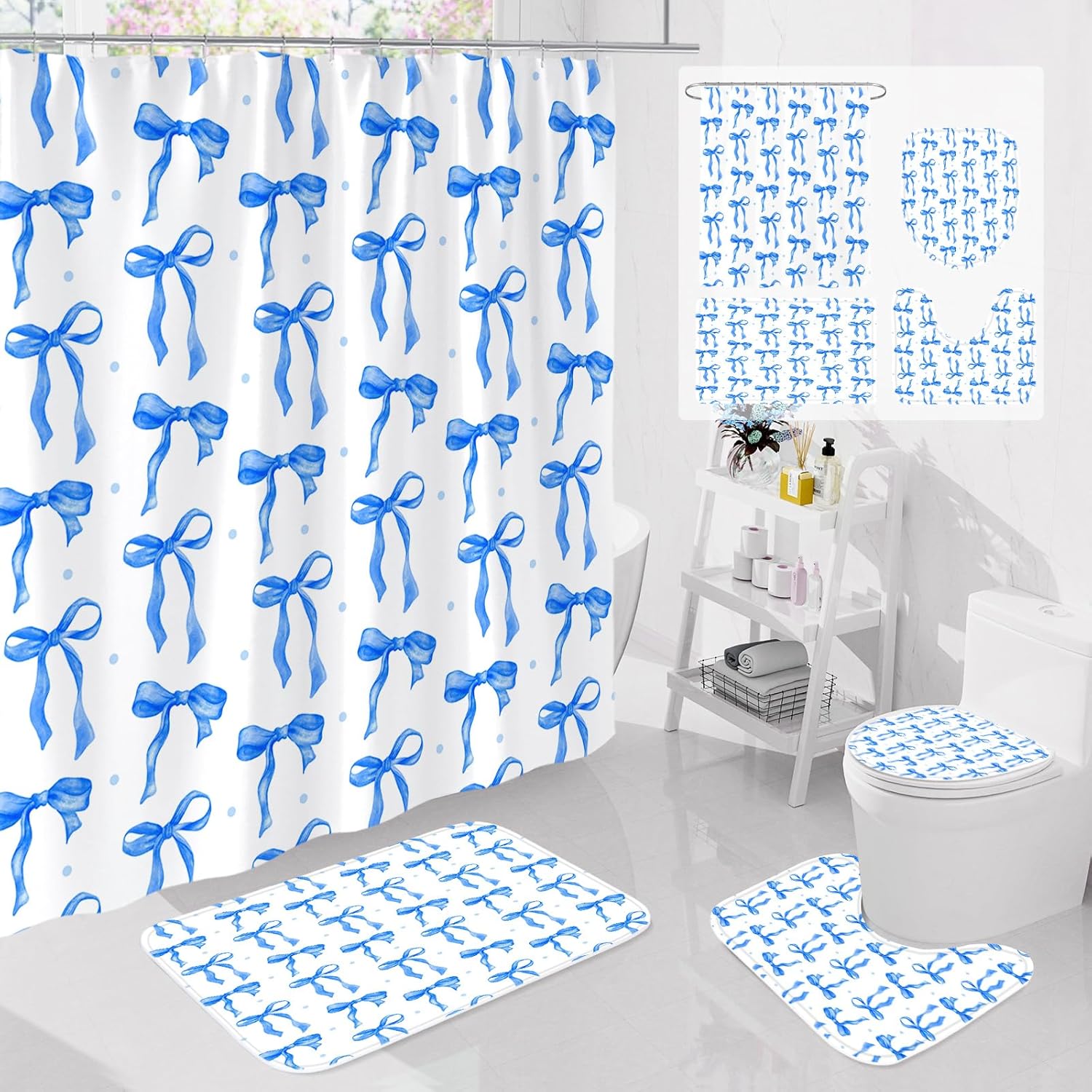 Litabel 4Pcs Cute Yellow Bow Shower Curtain Sets with Rug, Toilet Lid Cover and Bath Mat, Aesthetic Bowknot Shower Curtains for Yellow Bathroom Decor, Modern Minimalist White Waterproof Bathroom Set