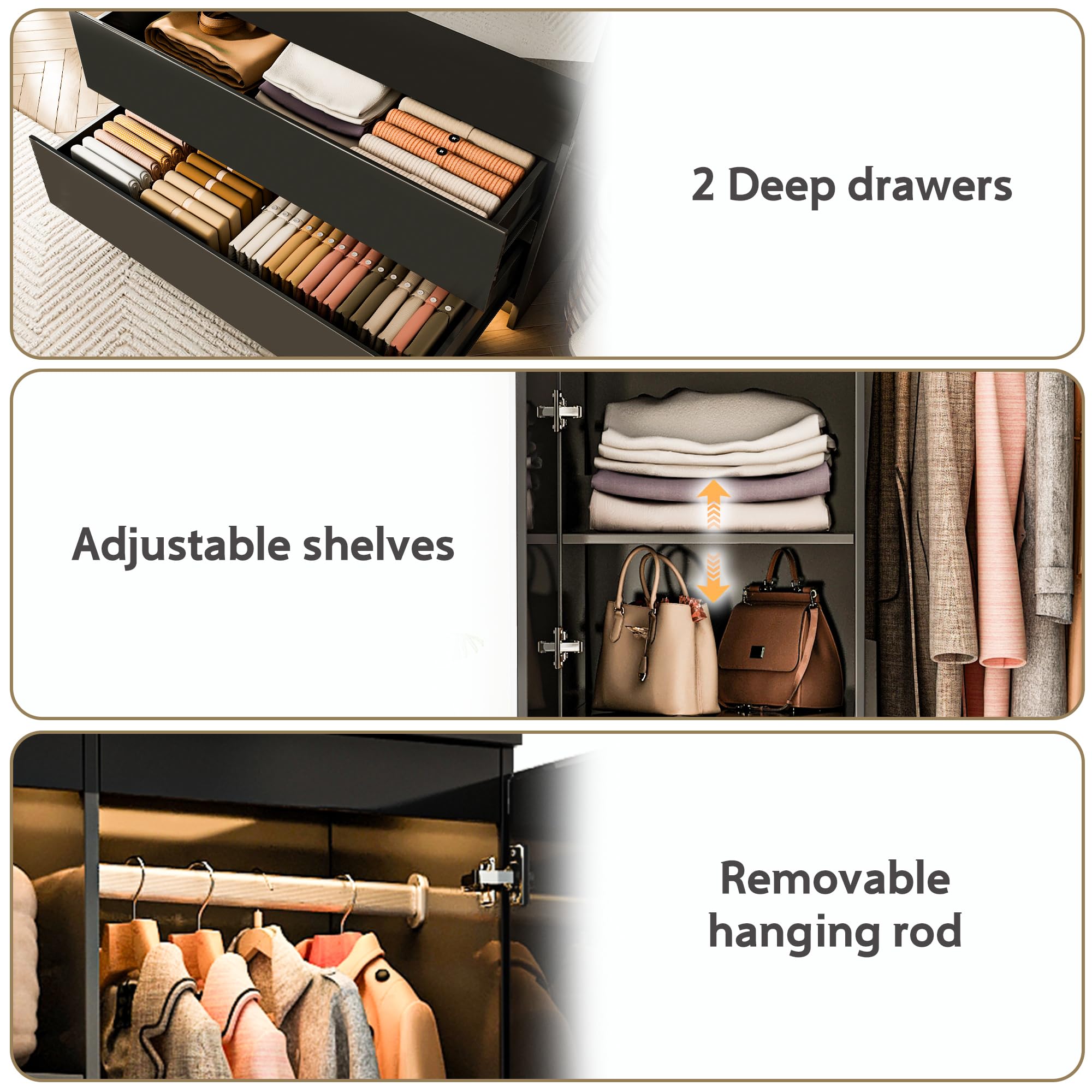 Armario Ropero 2 Puerta, Armario Multiusos Avec luz led con Sensor de Movimiento, Avec 2 Tiroirs, Organizador de Ropa y Almacenaje para el Dormitorio (Negro)