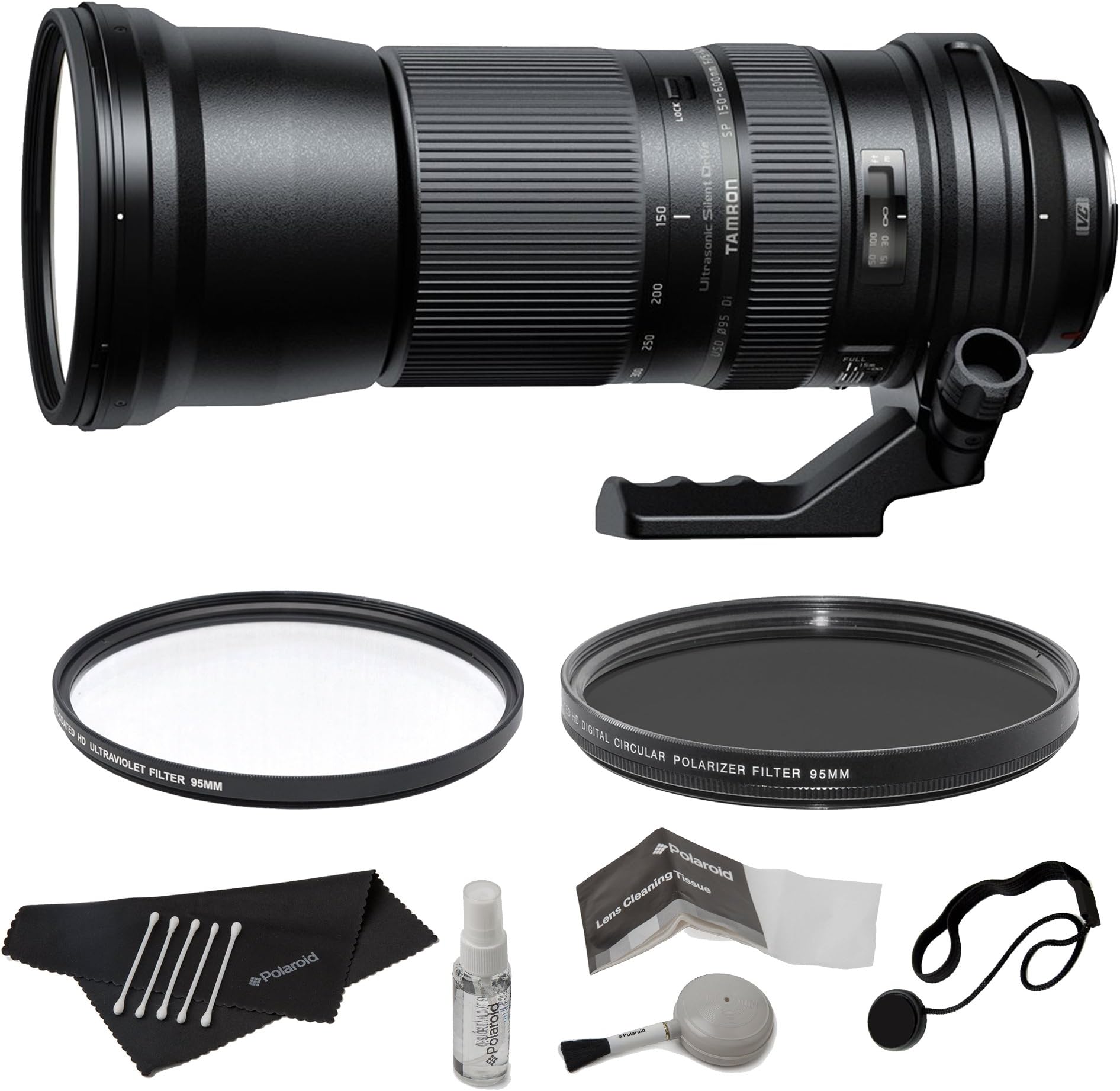 Tamron SP 150-600mm AFA011N700 F/5-6.3 Di VC USD Zoom Lens for Nikon Cameras + Polaroid 95mm UV Filter + Polaroid 95mm Circular Polarizer Filter + Cleaning Kit + Lens Cap Keeper Accessory Bundle