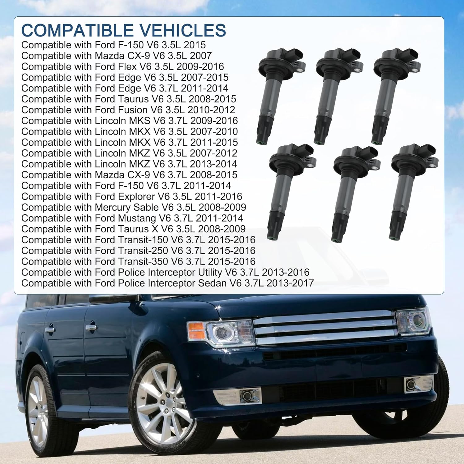 Set of 6 Ignition Coil Pack & Spark Plug Compatible with Ford Edge Explorer F-150 Flex Fusion Mustang Taurus Lincoln MKS MKX MKZ Mazda CX-9 V6 3.5L 3.7L Replace# UF553, C1595, 48856, GN10237