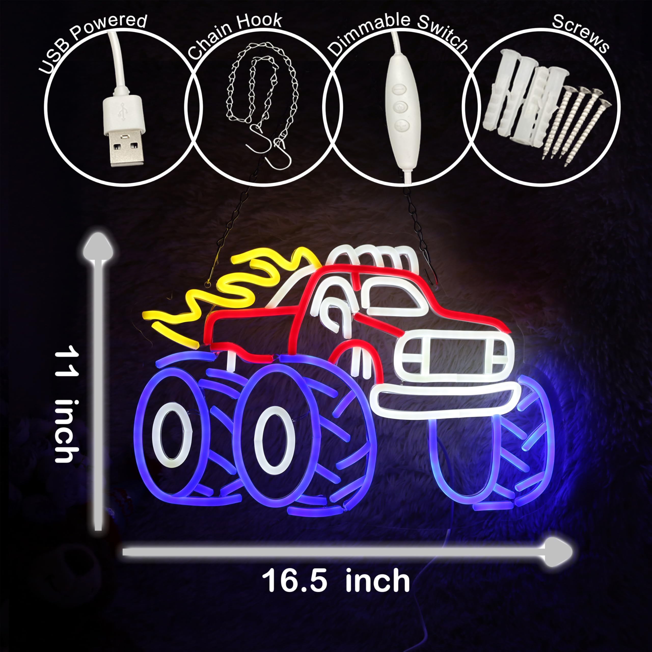 Letrero de neón con diseño de camión monstruo, luz LED de neón para decoración de pared, letrero LED regulable para habitación de niños, arte de pared, regalos de cumpleaños, vacaciones, 16.5 x 11