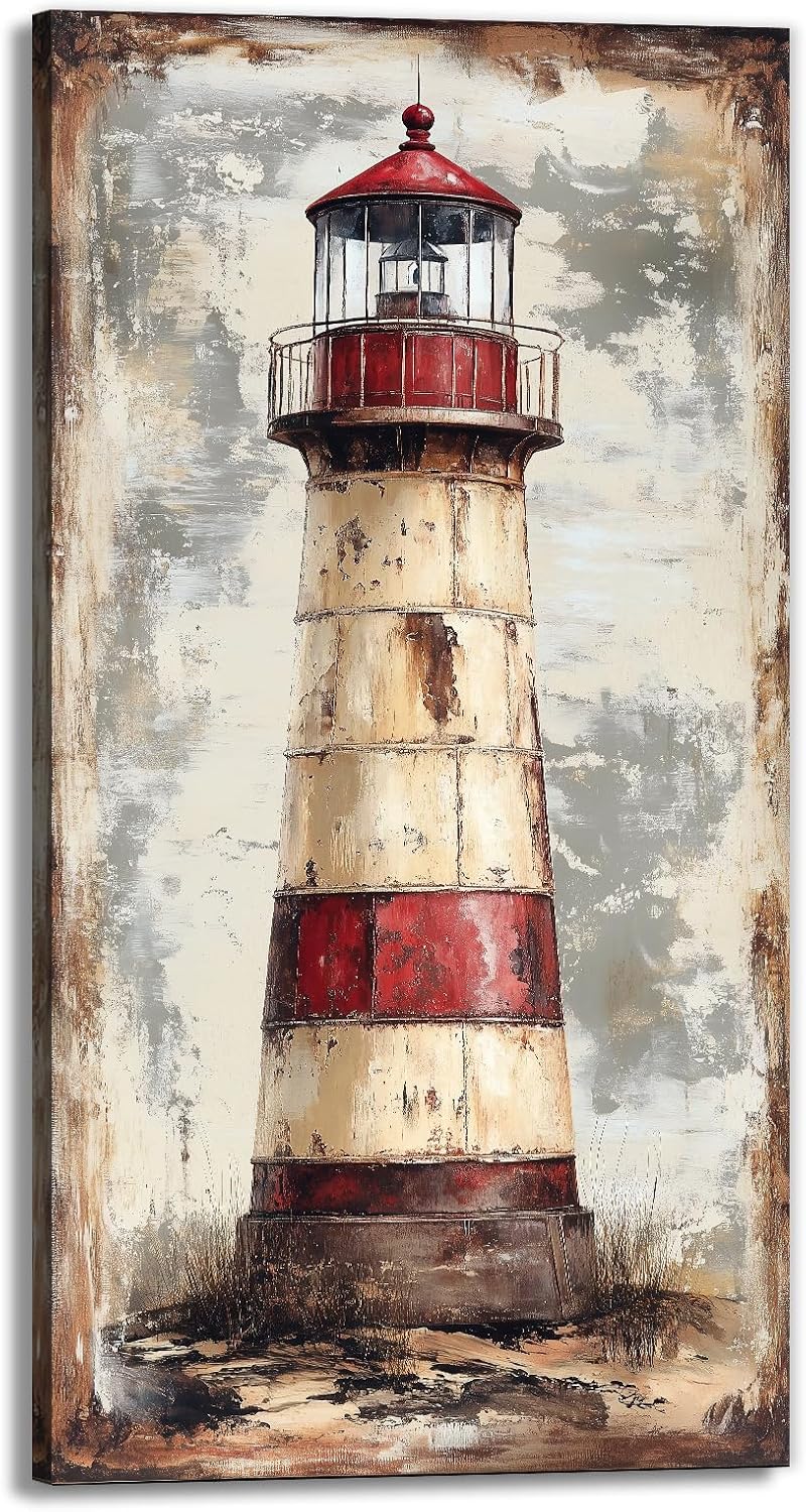 Vintage Lighthouse Canvas Wall Art Beach Theme Poster Coastal Landscape Painting Framed Artwork for Living Room Bedroom Home Decor(Artwork-1,28"x56")