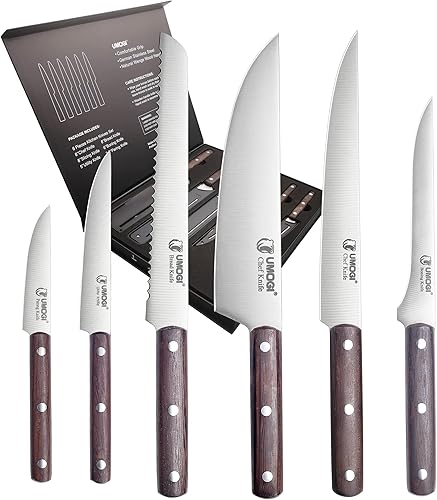 Juego de cuchillos de cocina de 6 piezas con fundas en caja de regalo, mango de madera de espiga completa, acero inoxidable alemán, juego de