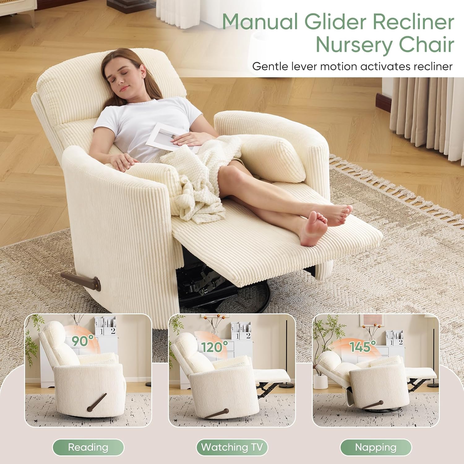 Oversized Swivel Rocker Recliner Chair with Heat and Massage, Rocking Chair with Adjustable Headrest, Manual Rocker Recliner Chair, Glider Recliner Chair with 2 Pillows, Corduroy Beige