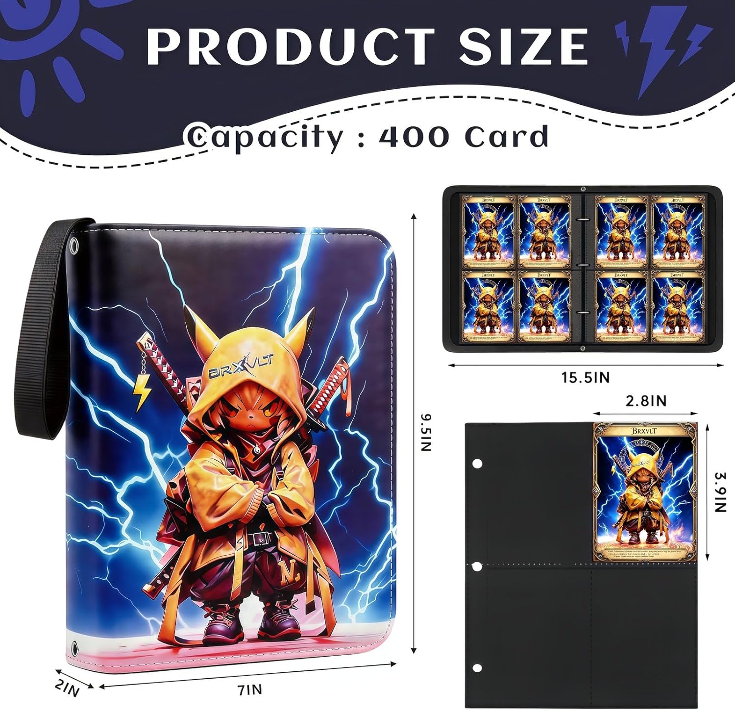Card Binder 4 Pocket Crossbody Shoulder Strap – Zipper Closure, 400 Pockets, 50 Double-Sided Sideloading Pages, Waterproof &Acid-Free, Trading Card Album Compatible with TCG/MTG/Pokemon/Sports