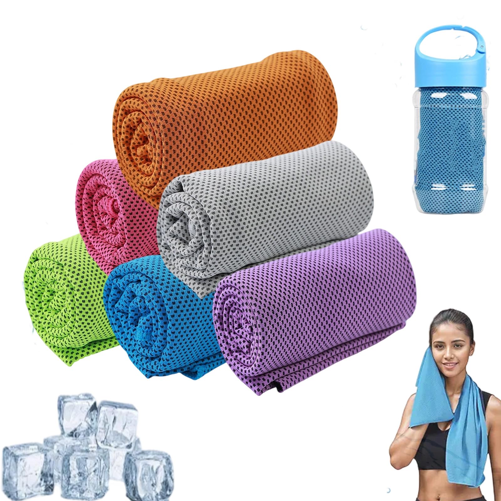 Towelnado Cool Towels & Bottle, Towelnado Ice Cooling Towel, Soft Breathable Chilly Gym Towel For Neck Face, Fast Drying Bottle Cooling Scarf Cloth for Workout (6pcsI)