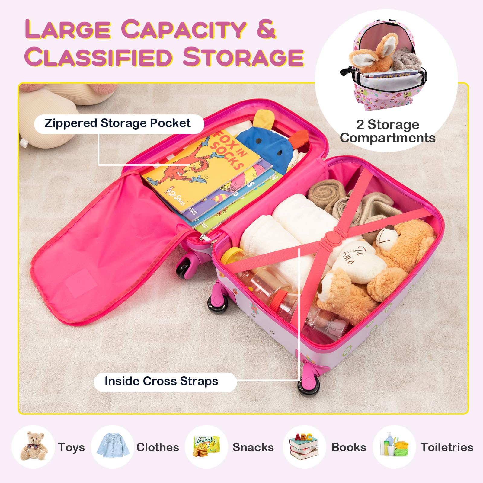 SOARS Set di 5 Pezzi Valigia 16’’ + Zaino 13’’ per Bambini, Bagagli 5-in-1 con Cuscino per Collo, Borsetta da Pranzo e Etichetta, Trolley con Maniglia Telescopica e Ruote Universali (Rosa Gufo)