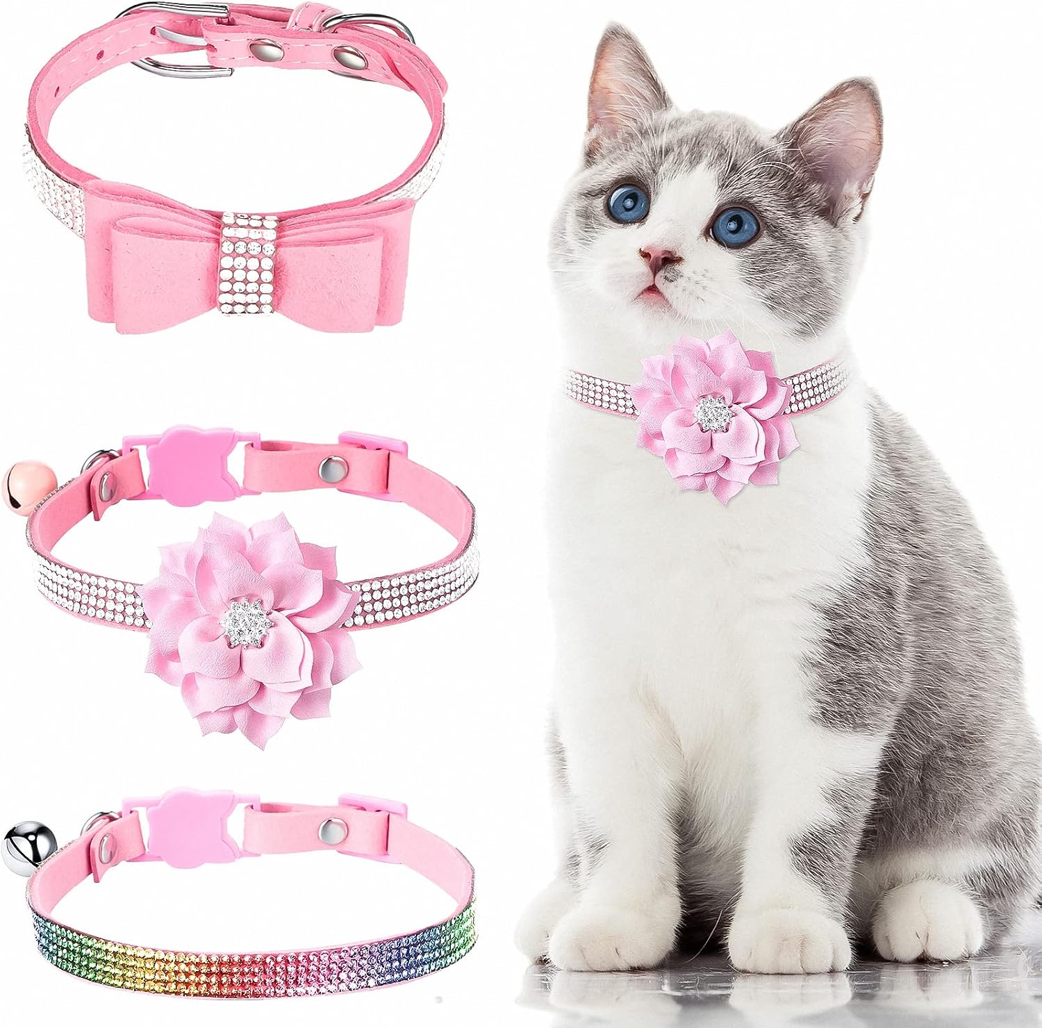 3 Pcs Rhinestone Cat Collars for Girl Cats Bling Kitten and Flower Adjustable Breakaway Collar with Bell Soft Velvet Shine Collar for…
