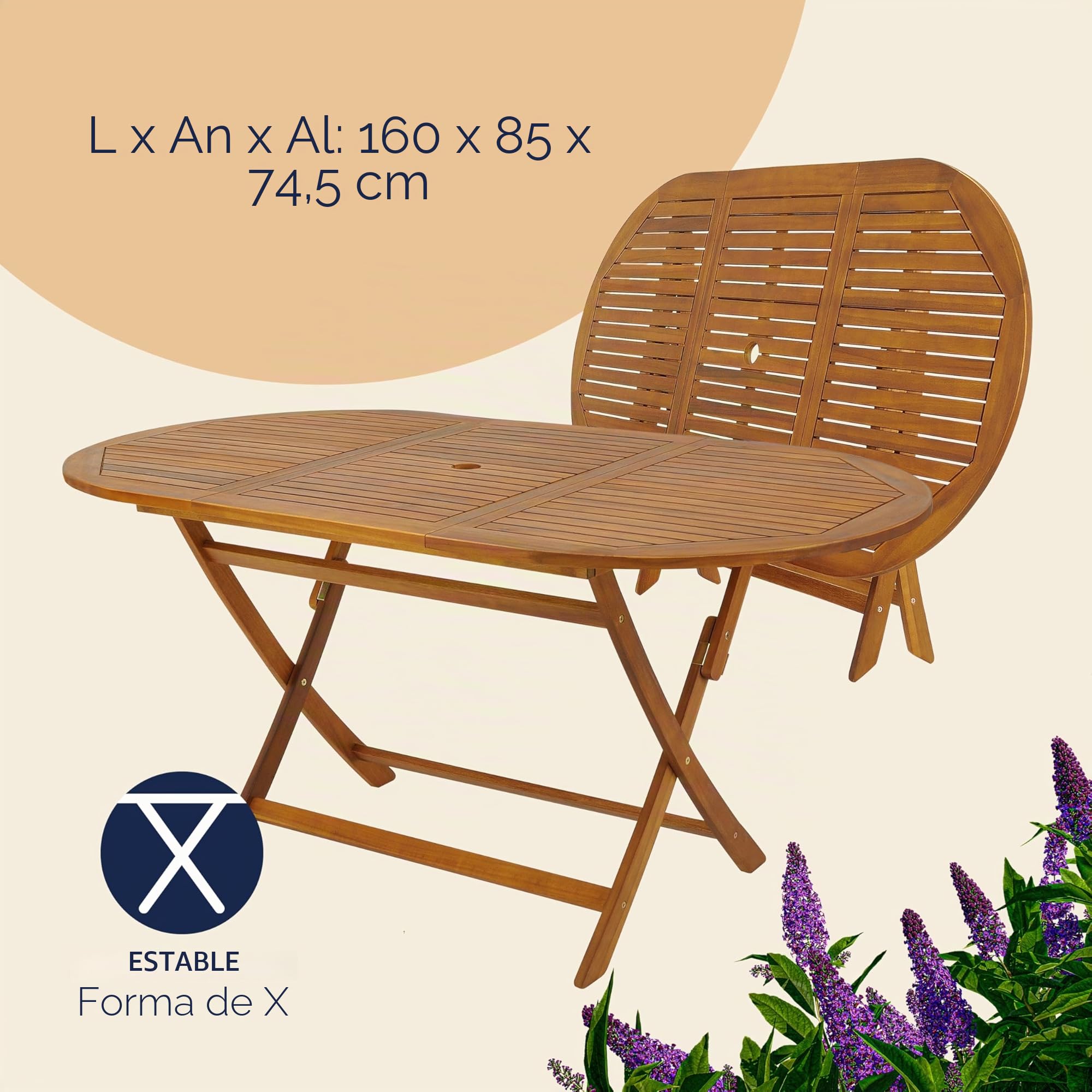 CASARIA® Set Muebles de Jardín Madera Acacia Plegable 7 Pzas 160x85x74cm Marrón