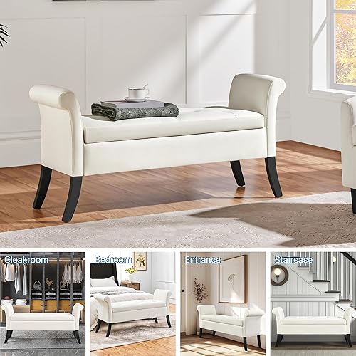 Miniatura 5 de Yaheetech Banco de almacenamiento para entrada, banco de ventana de lino con brazos enrollados para dormitorio, asiento de ventana, color blanco