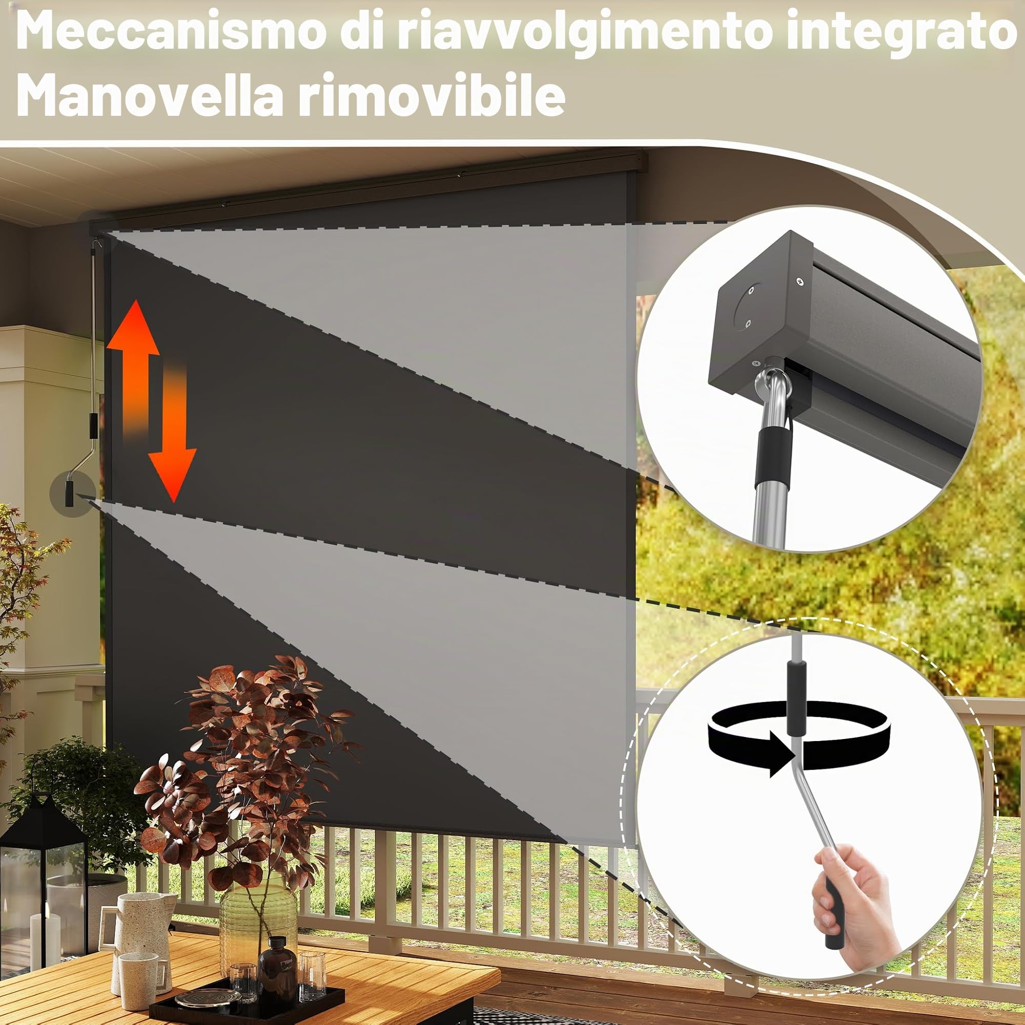FIVMEN Tenda a rullo verticale per esterni, 180 x 250 cm, resistente alle intemperie, protezione solare, manovella, tenda per balcone e giardino
