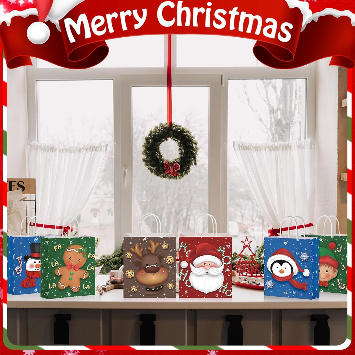Cholemy 36 Pcs Christmas Gift Bags with Handle Xmas Kraft Paper Packaging Bulk Large Christmas Totes Bags for Candy Wrapping Holiday Party Favors