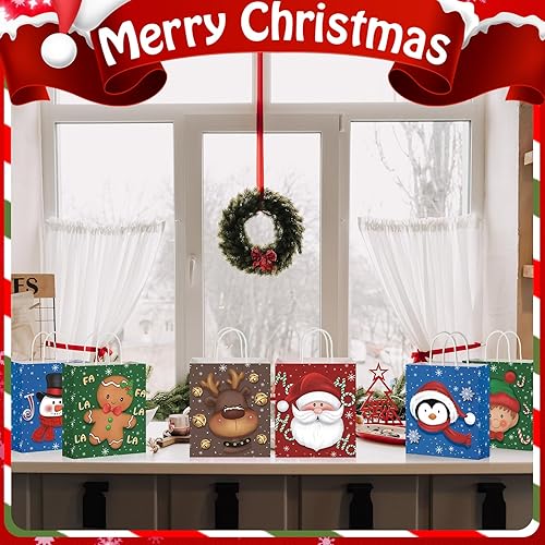 Miniatura 6 de Cholemy Christmas Gift Bags with Handle Xmas Kraft Paper Bags Bulk Large Christmas Totes Bags for Candy Wrapping Holiday Party Favors(24 Pcs)