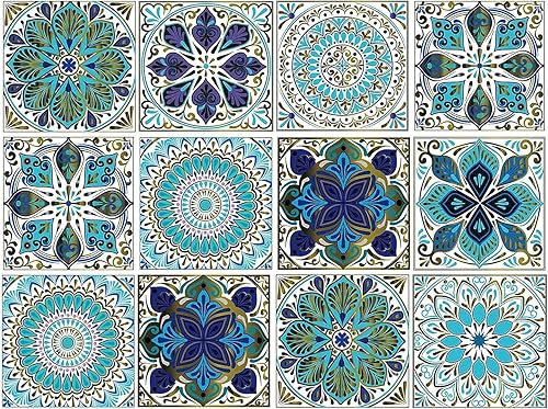 Miniatura 9 de 25 calcomanías para azulejos de mandala de 4 x 4 pulgadas autoadhesivas desmontables azulejos marroquíes impermeables a prueba de aceite para baño y