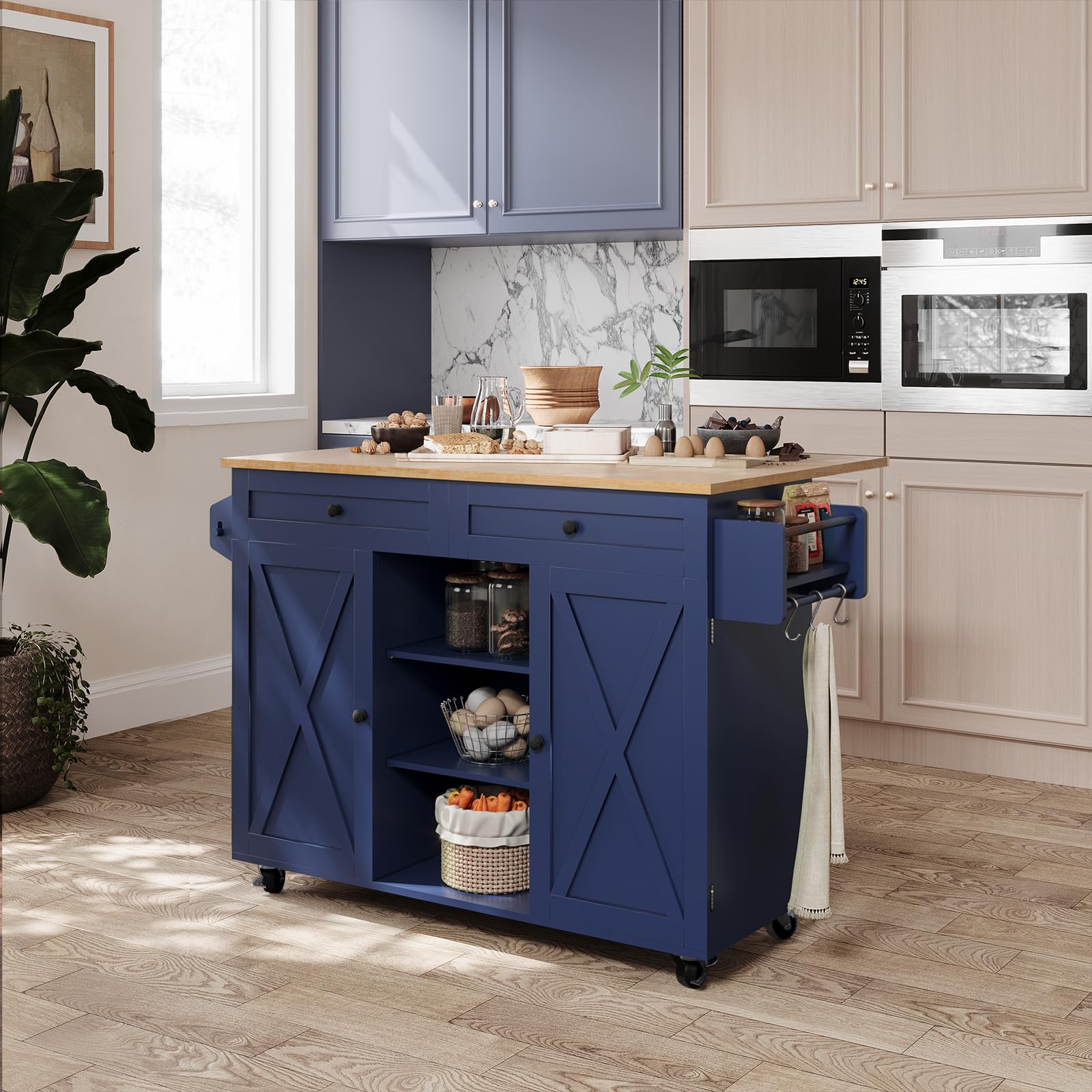 Desserte de cuisine bleue avec plateau extensible pour vos repas de famille