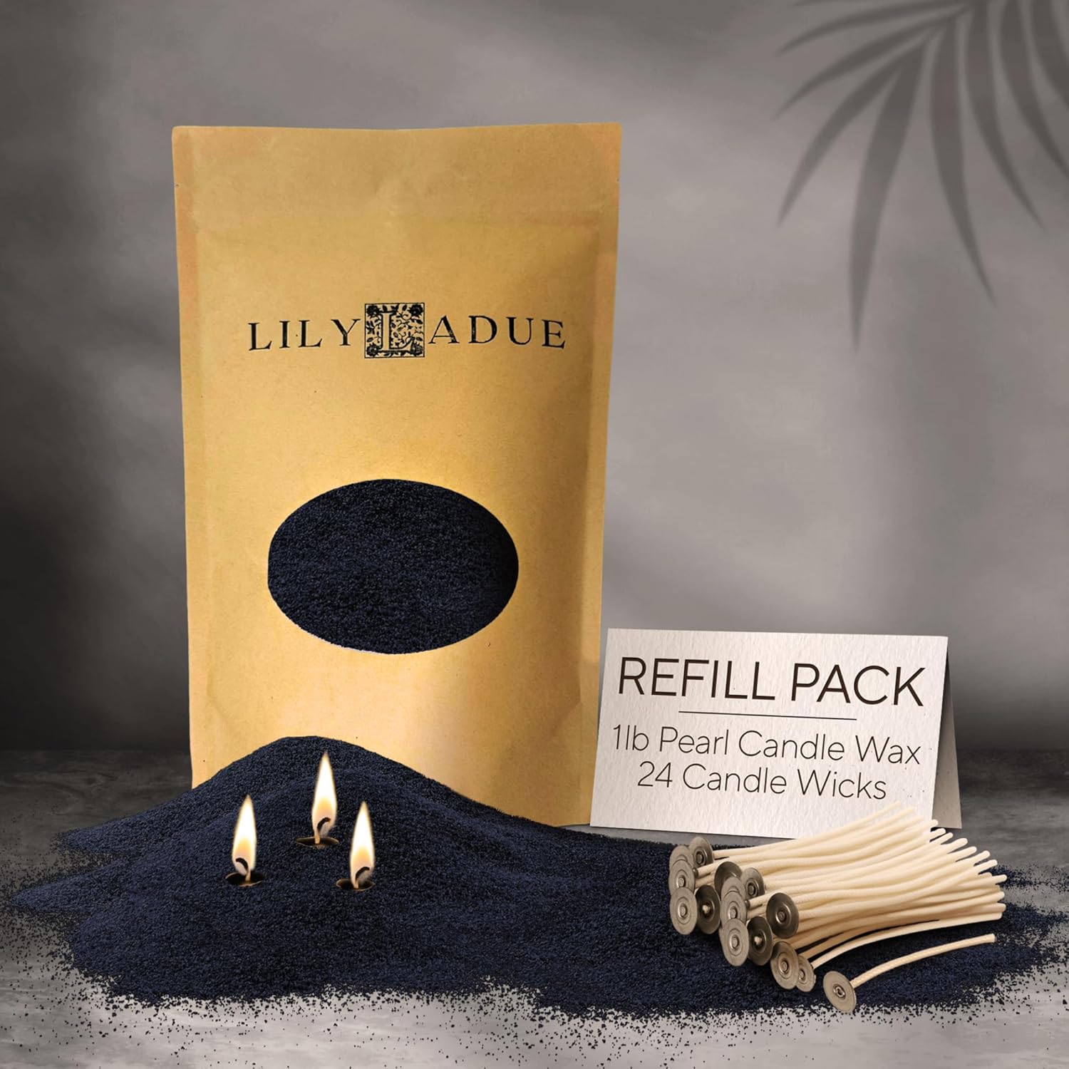 LILY LADUE Black Sand Candle Kit - 1Lb/16Oz Pearled Candles Sand and Wicks (24) with Wood Holder, Unscented Aroma Beads, Reusable Pearled Candle Wax for DIY Home Kit, Powder Beads Refill Available
