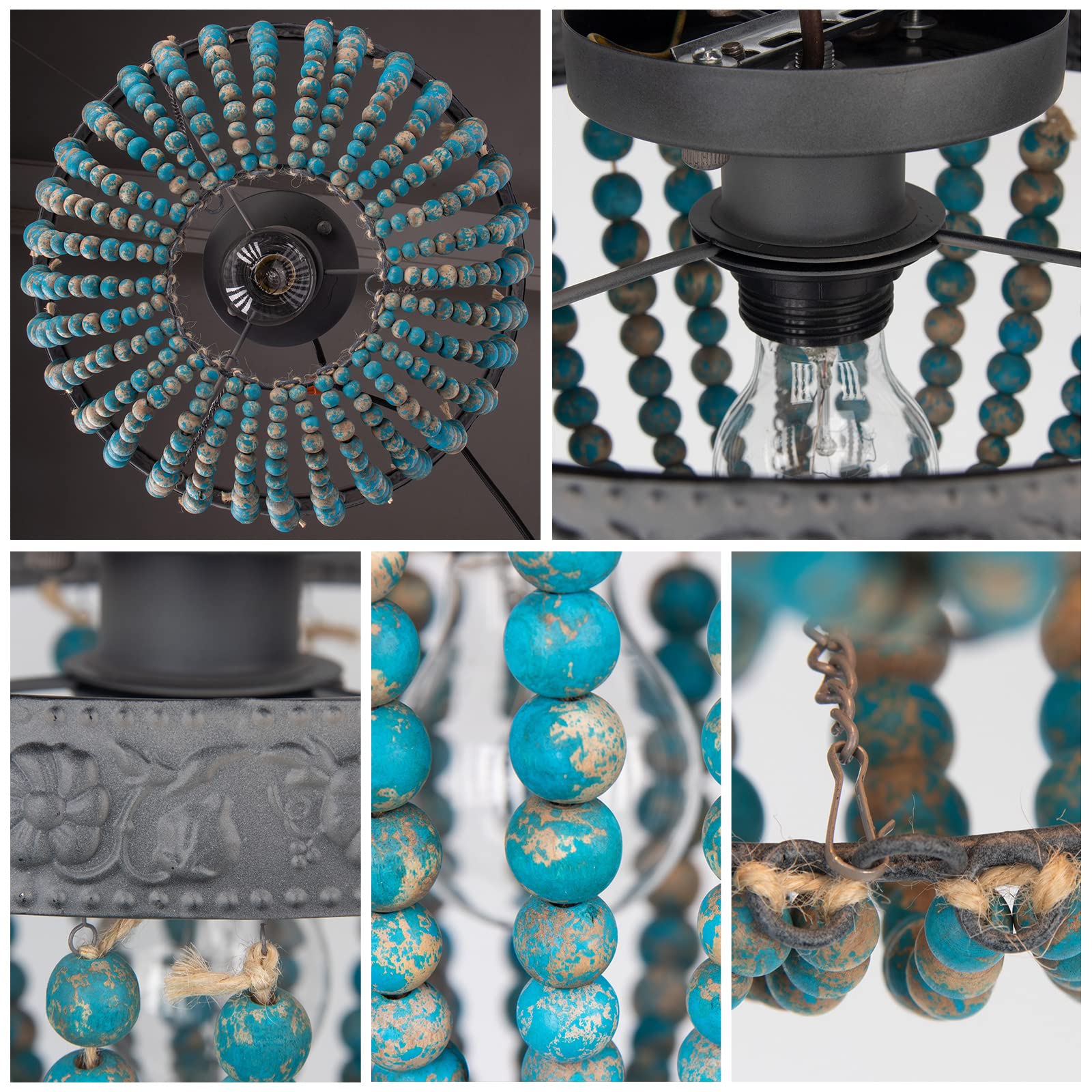 FIRVRE Naturalne drewniane koraliki Żyrandol Bohemian Vintage Rustykalna lampa sufitowa Boho Farmhouse E27 Lampa stołowa Światło do jadalni Sypialnia Przedpokój Schody Kuchnia (szaro-niebieski-s)