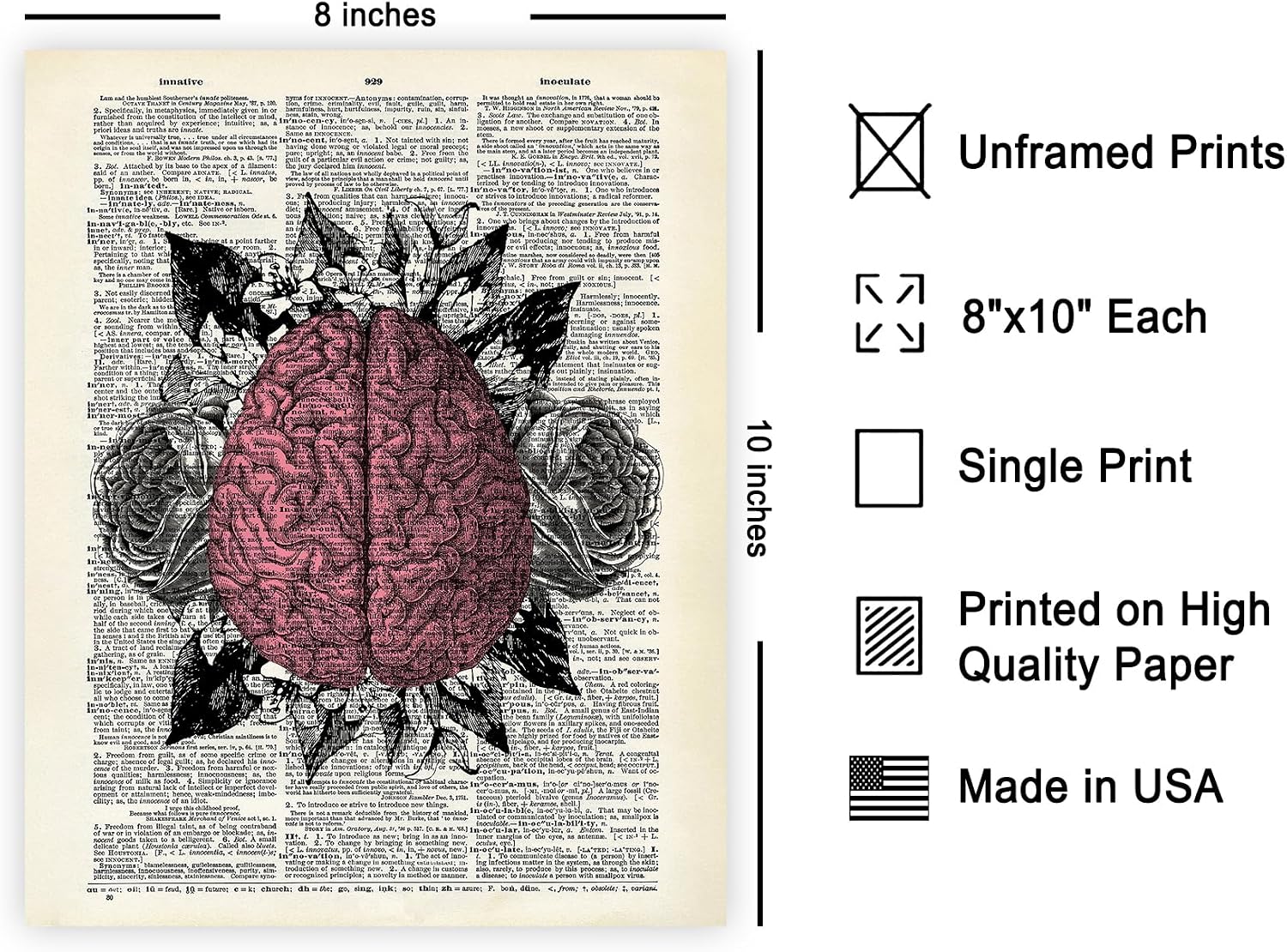 Poster Master Pink Flowery Brain Print - Anatomy Poster - Dictionary Art - Gift for Doctor, Nurse - Floral Decor for Hospital, Clinic, Bedroom - 8x10 UNFRAMED Wall Art
