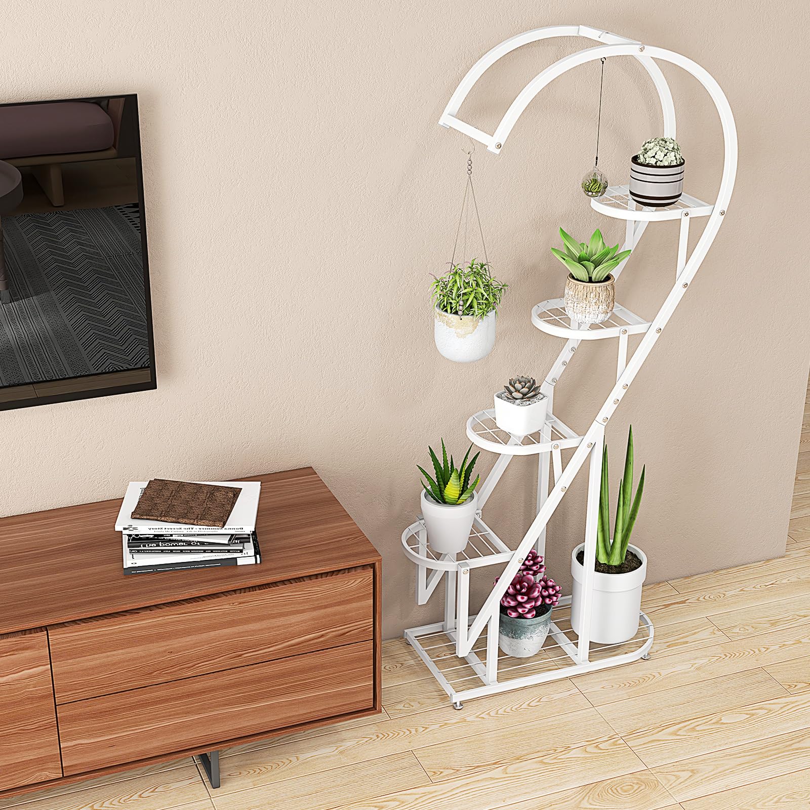 RELAX4LIFE Porta Piante a 5 Livelli, Scaffale per Piante in Metallo, Forma di Cuore, Supporto per Piante con 4 Ganci, Porta Vasi per Soggiorno e Camera da Letto (2, Bianco, Cuore)