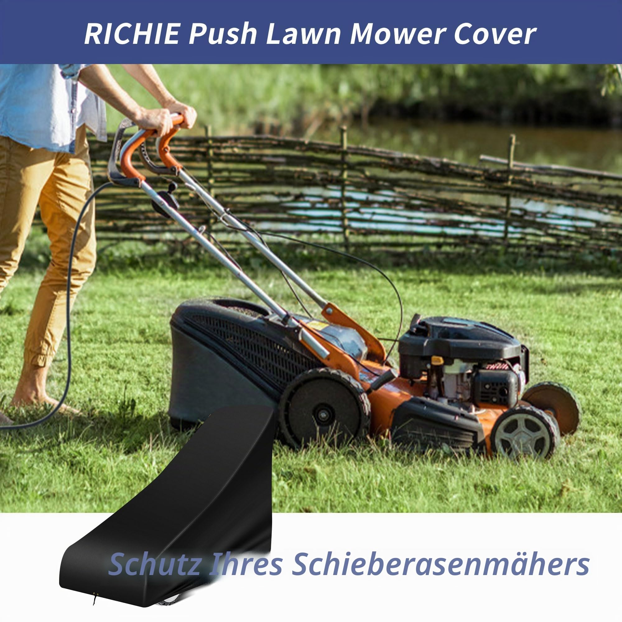 RICHIE Rasenmäher-Abdeckung, 140 x 56 x 103 cm, für den Außenbereich, wasserdicht, strapazierfähig, 420D-Oxford-Gewebe, Schubmäher-Abdeckung mit verstellbarem Kordelzug, winddicht, Anti-UV