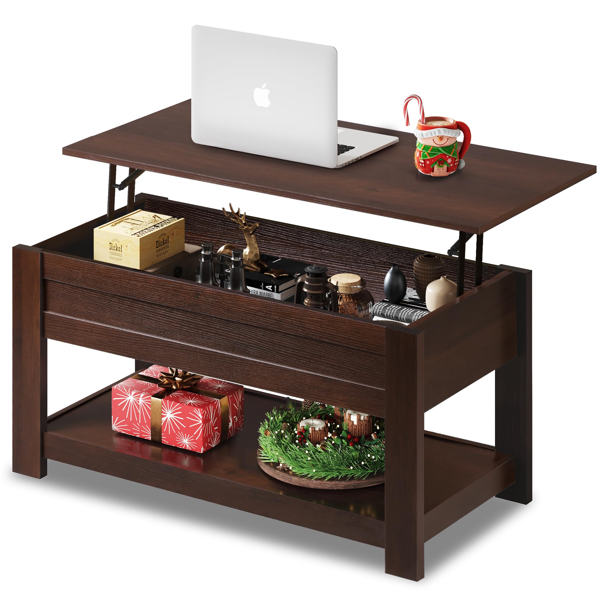 WLIVE Coffee Table, 39" Lift Top Coffee Table with Hidden Compartment and Storage Shelf for Living Room, Red-Brown