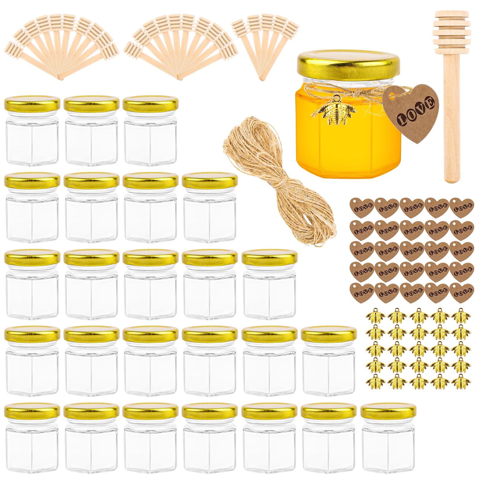 Vasetti Per Miele Esagonali In Vetro - 20 Pezzi Da 45ml Con Cucchiaino, Etichette E Corda - Ideali Per Conserve, Regali