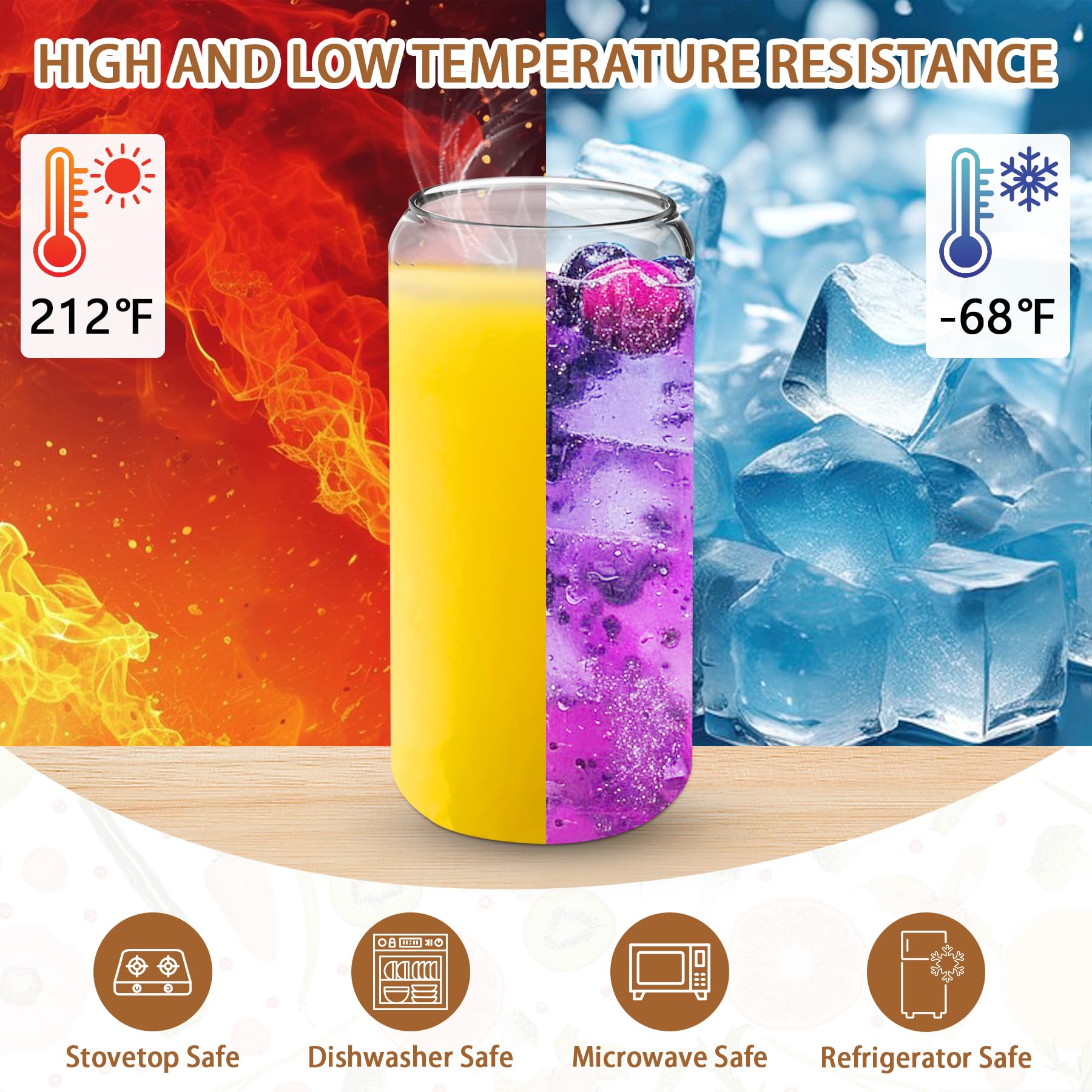 PeacePeo Vasos de vidrio de 20 onzas con tapas y popotes, paquete de 20 vasos con tapas de bambú, elegantes vasos de cerveza de vidrio con popotes de acero inoxidable, taza de café helado, ideal para