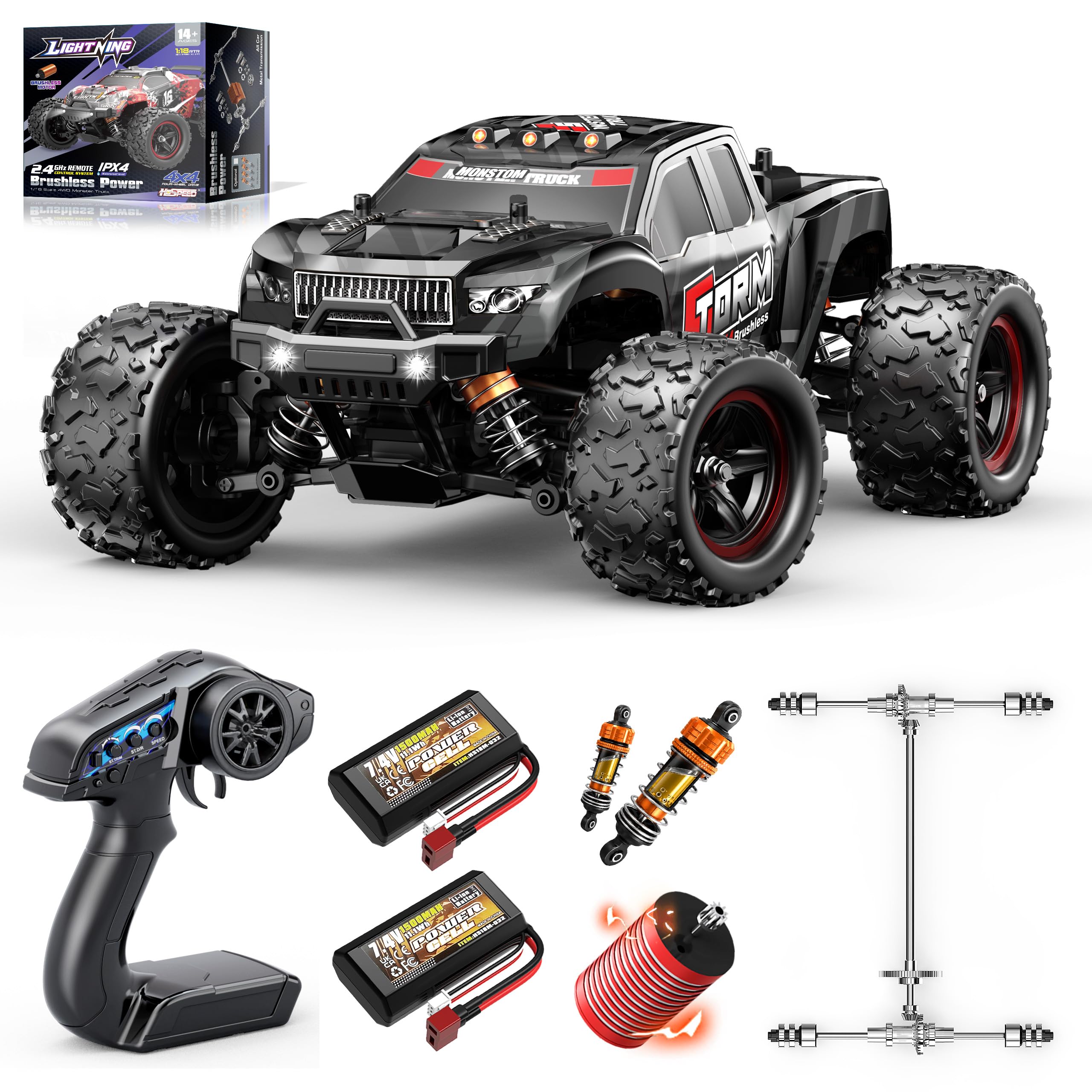 Womaqu Macchina Telecomandata 4x4 Brushless 1:18, Macchina Radiocomandata Professionale RC Car 52 km/h con Trasmissione in Metallo, 2 Batterie 1500mAh e Kit Parti di Ricambio, Auto Radiocomandata