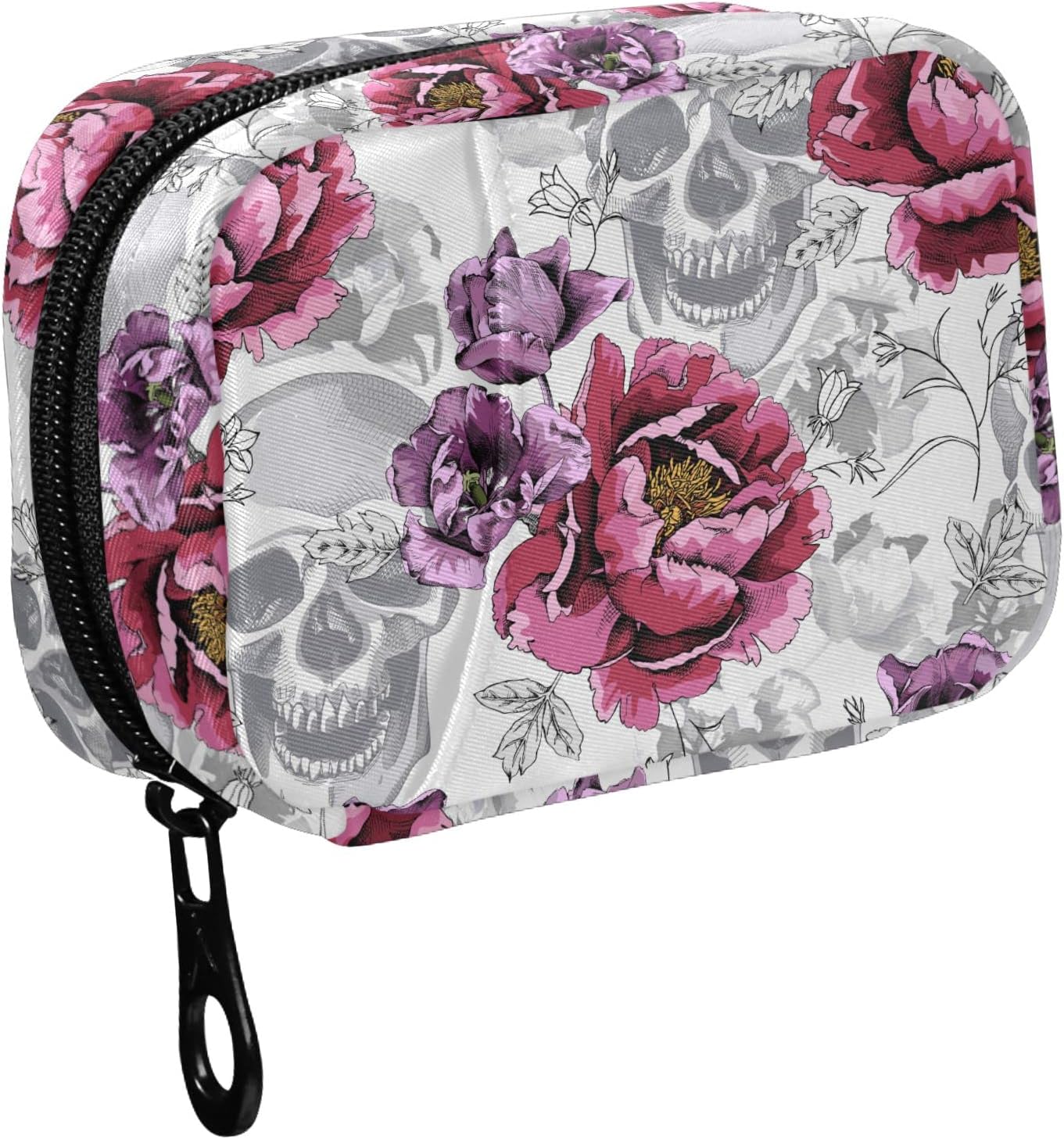 Fustylead Skull Peony Travel Pill Case Bag with Zipper