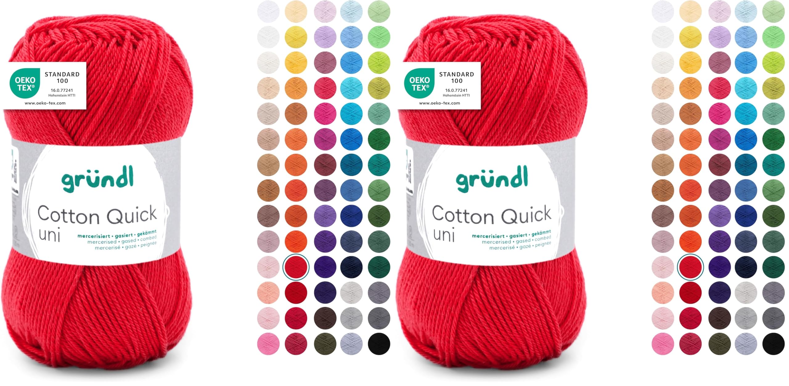 Gründl Wolle Cotton Quick uni - dünne Wolle zum Häkeln - Strickgarn - Häkelgarn - Glänzend und hautfreundlich - 100% Baumwolle - 1 Knäuel 50 g / 125 m - Nadelstärke 3-4 - feuerrot (Packung mit 2)