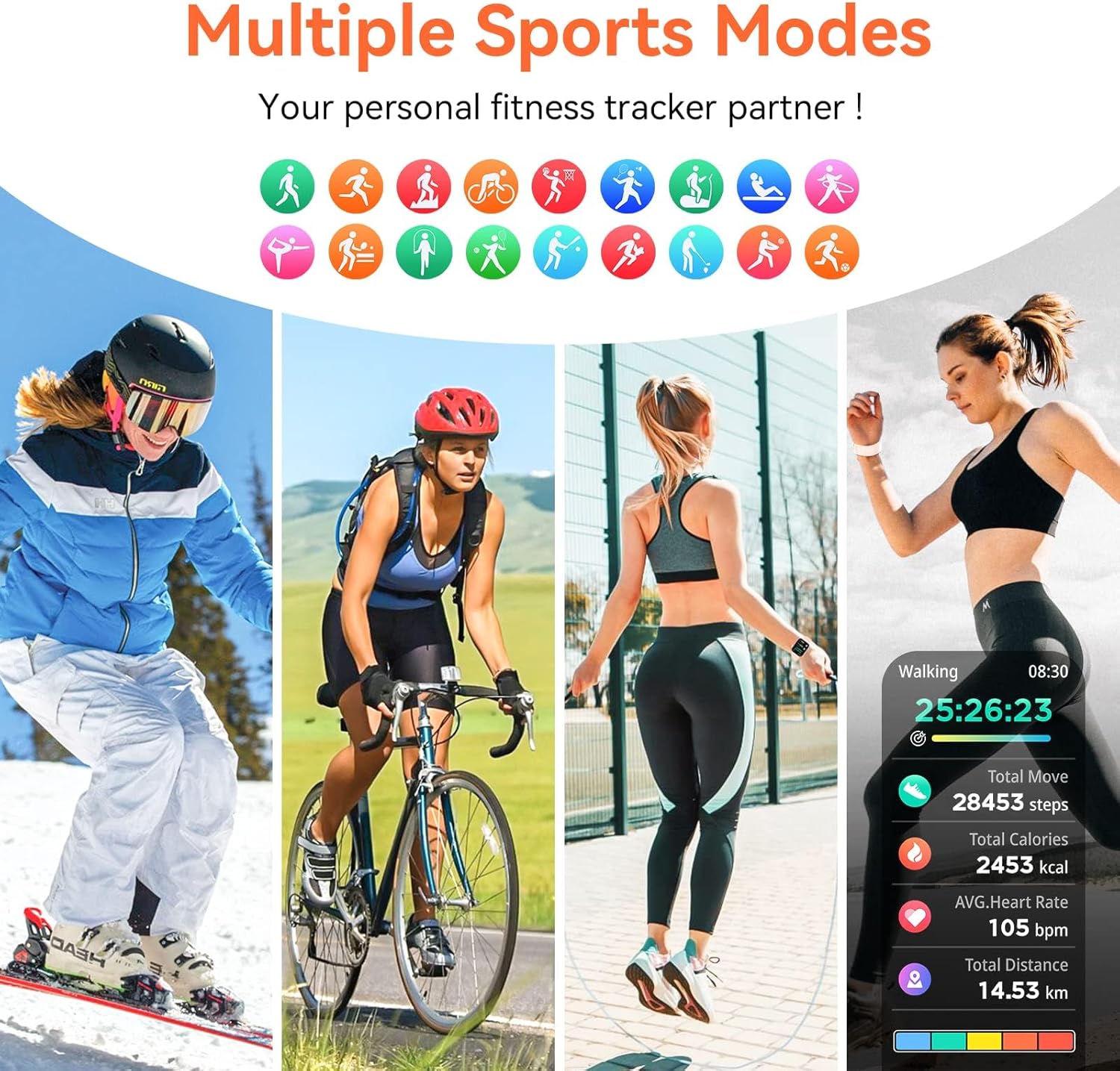 Collage showing various sports activities like skiing, cycling, and jumping, with the Hwagol Smart Watch G28 displaying fitness data.