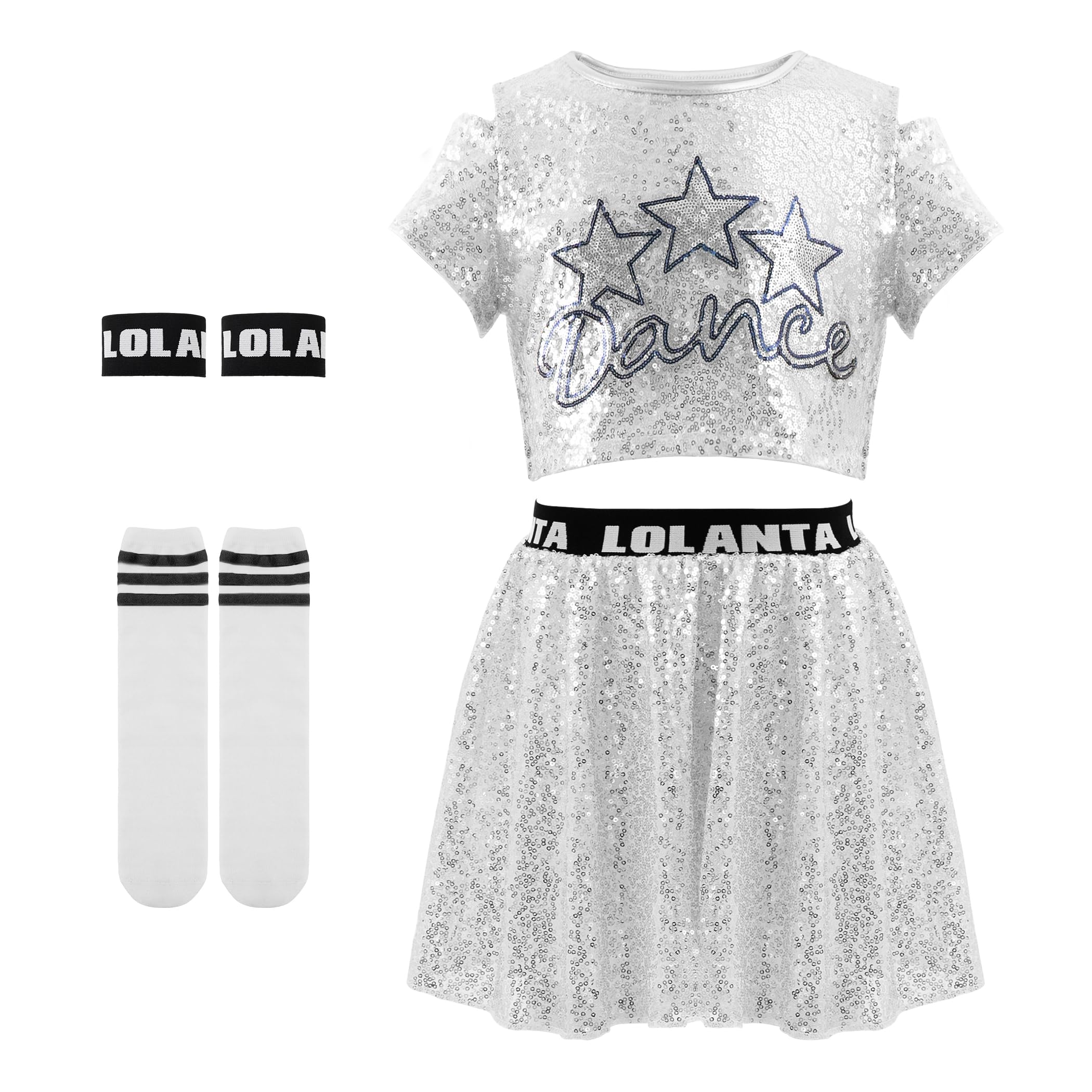 LOLANTA Girls Sequins Dance Outfits, Sparkly Jazz Latin Hip Hop Clothes, Crop Top with Skirt 5-12 Years Silver 6-7 Years