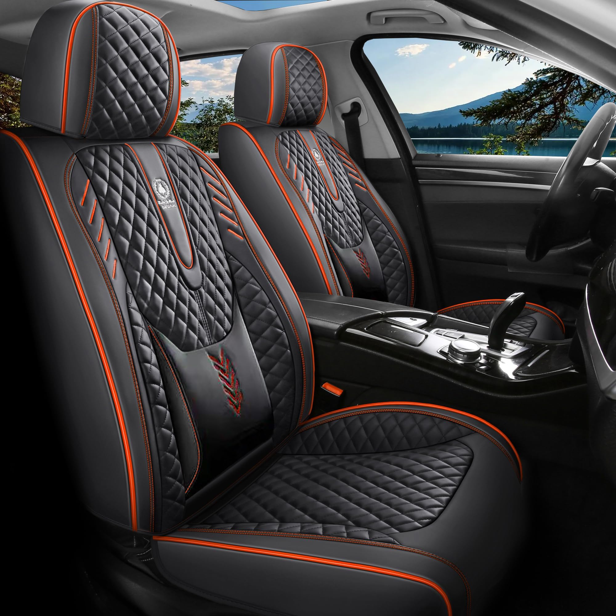 INZU Car Seat Cover 5-Seats Full Set Universal fit, Suitable for Most Cars, SUV, Airbags Compatible with Synthetic Leather Car Seat Cushion Protectors. (Black Orange Line)