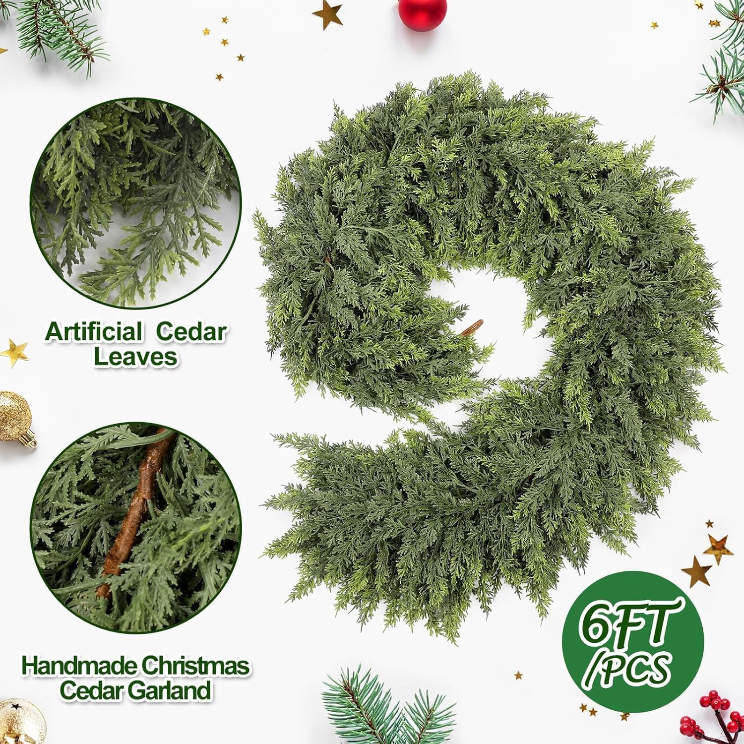 Guirnalda de Navidad verde de 6 pies, maceta artificial para repisas, escaleras, ventanas, decoración interior y exterior, vid artificial