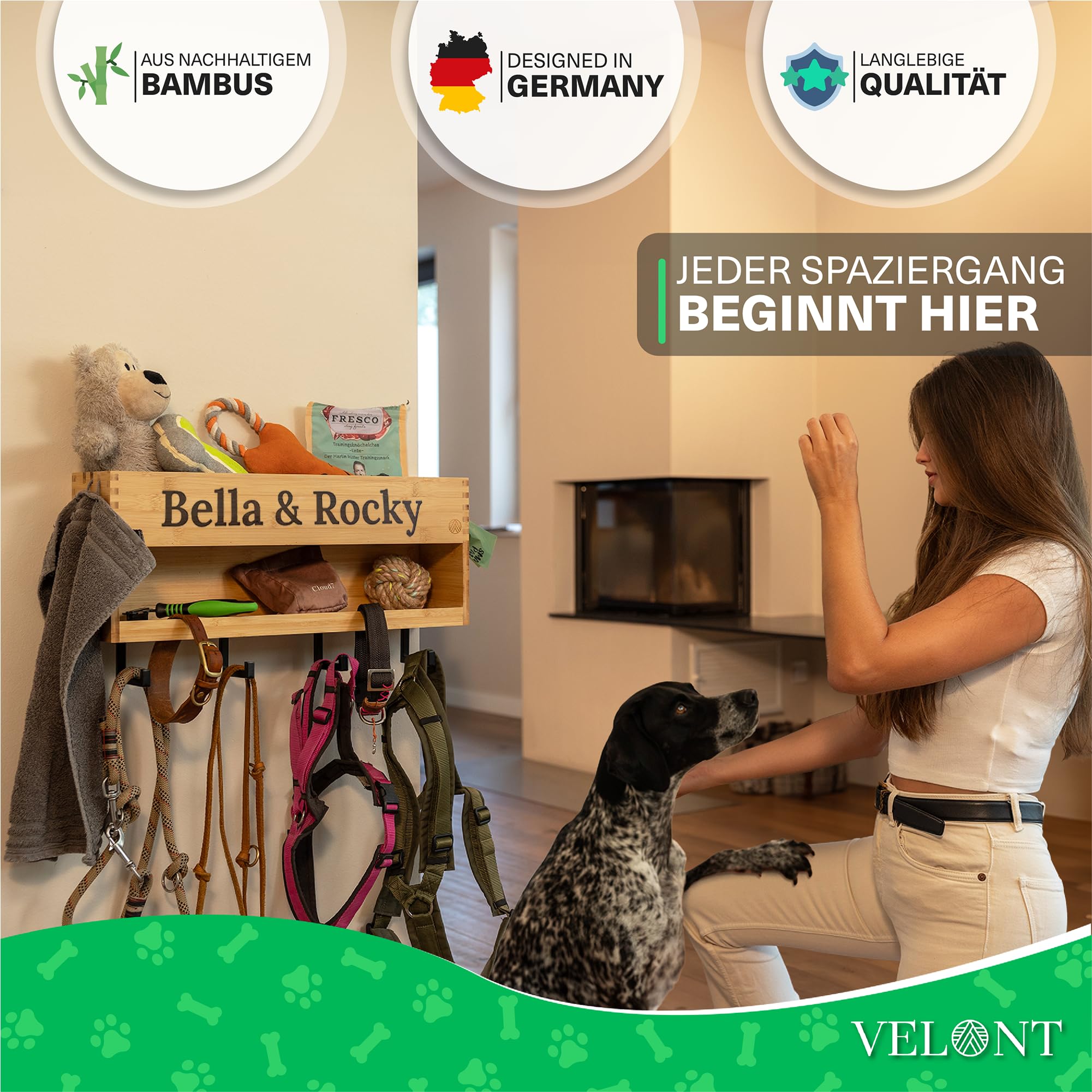 VELONT Hundegarderobe mit Ablage Personalisiert - Größe XL - Perfekter Leinenparkplatz - Bambus - Dogstation für Leinen & Zubehör - Inkl. Kotbeutelspender und Montagekit (06 XXL Gravur)