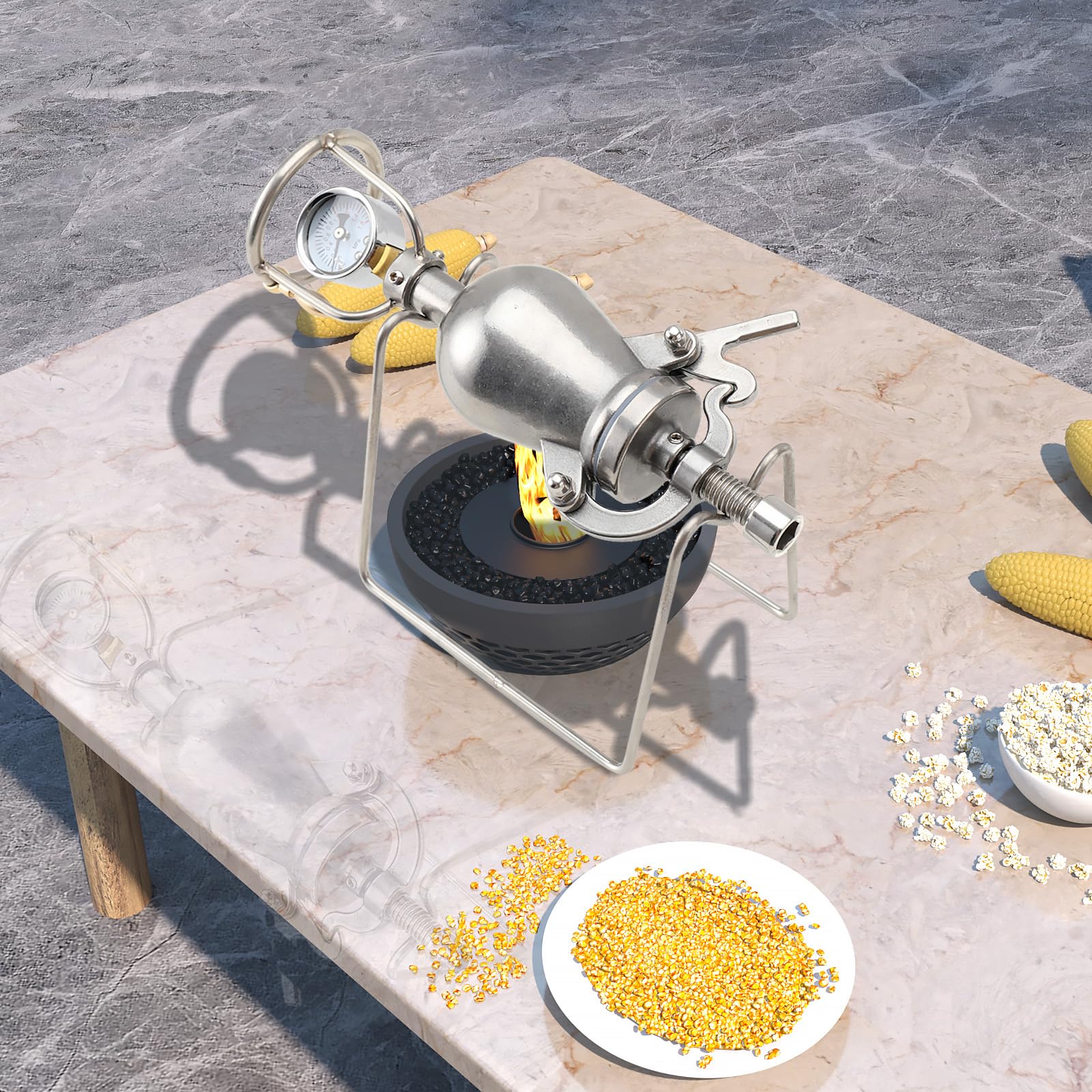 100ml Hochdruck-Popcornmaschine Mini-Edelstahl Professionelle Popcorn-Bräter, Handkurbel Gasheizung Langsamer Schub Mit Manometer Für Familienfeiern Studienpartyspaß