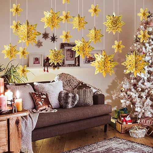 Vista 51 de 36 decoraciones de copos de nieve de Navidad, guirnalda de copos de nieve de papel blanco grande 3D para colgar copos de nieve para invierno, país