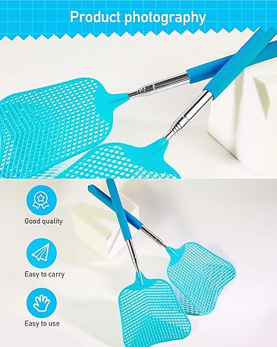 Miniatura 5 de Wapodeai Paquete de 2 matamoscas resistente, matamoscas telescópico, mango de acero inoxidable para matamoscas (azul)