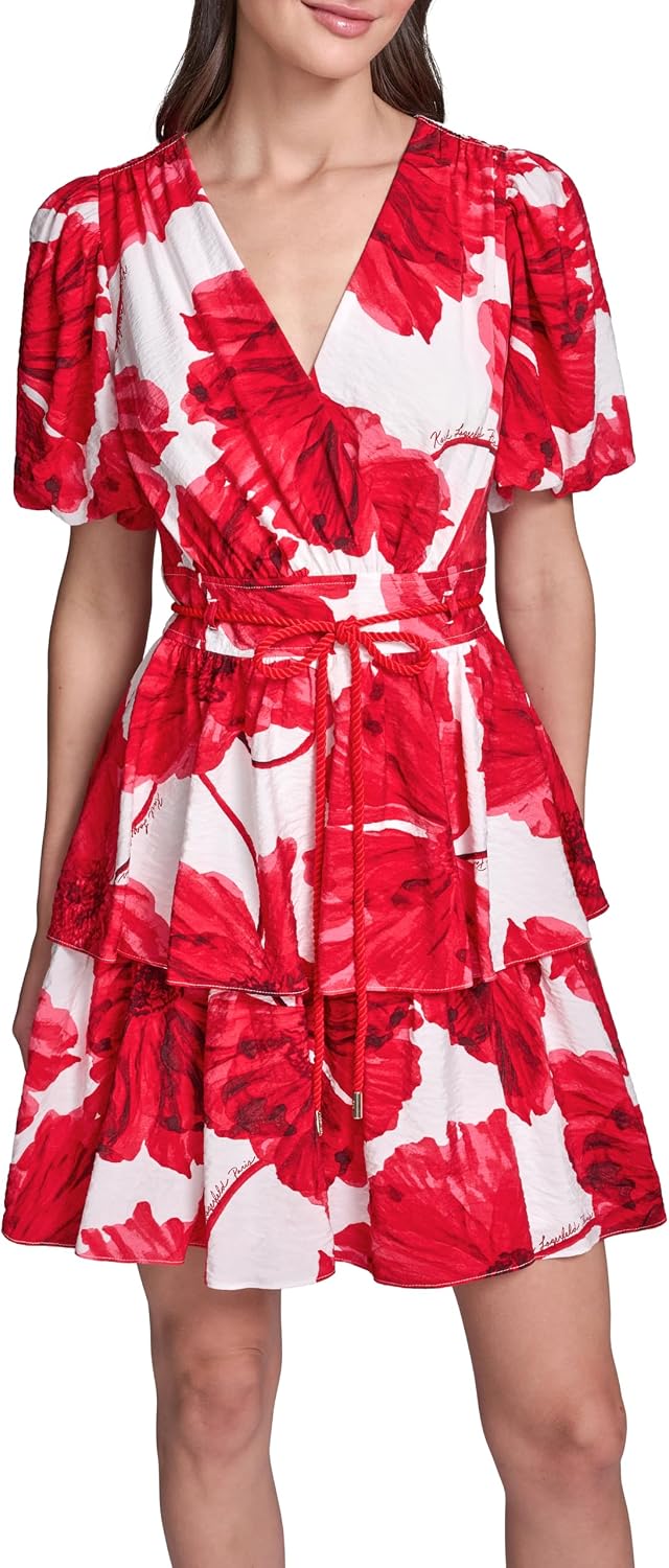 Karl Lagerfeld Women's Short Sleeve V Neck Printed Ecovero Fit and Flare Rope Belt Dress