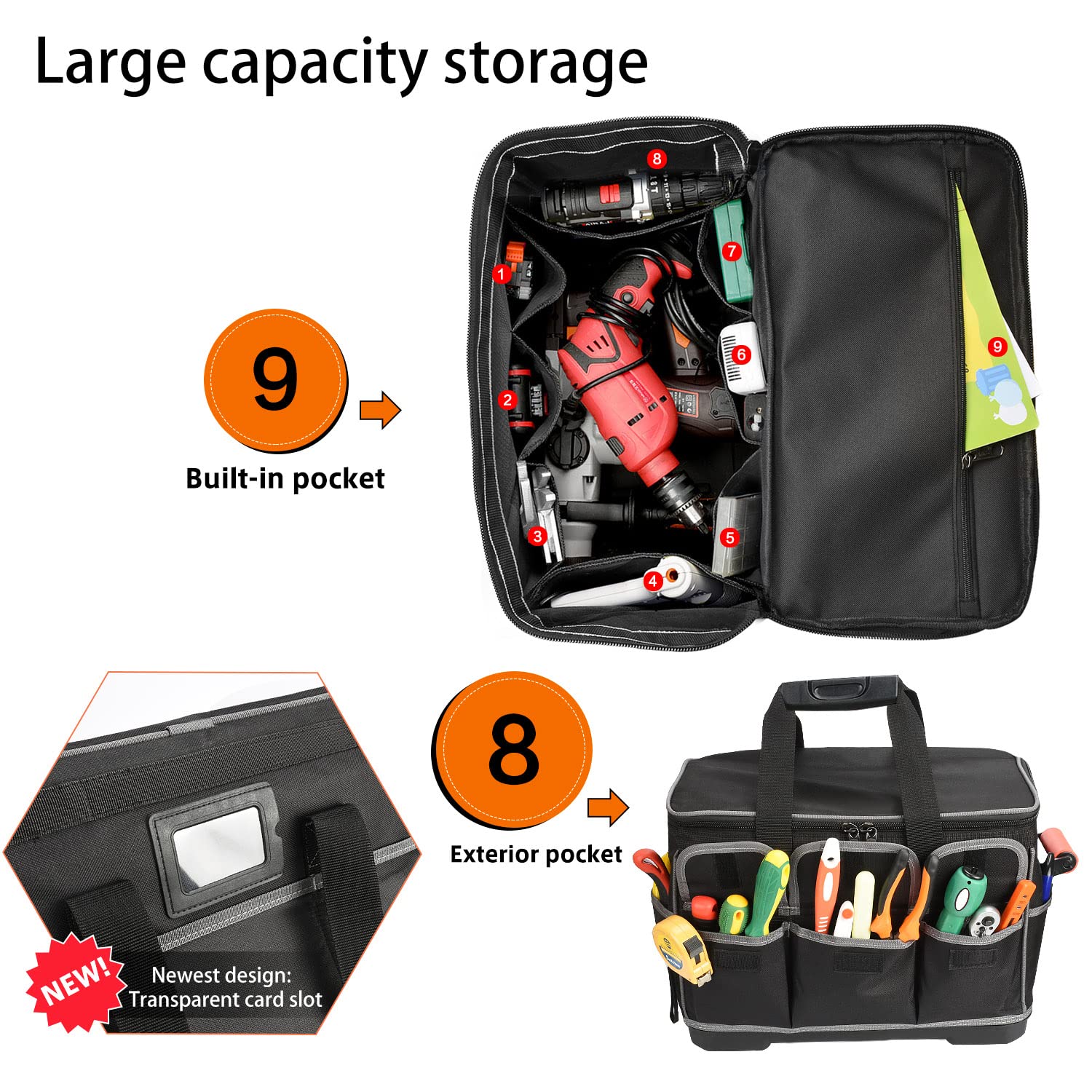 Borsa Attrezzi da 16 Pollici Multitasche con Base Sagomata a Prova d'Acqua, Tracolla Regolabile, per porta utensili professionali e attrezzi pesanti per il lavoro, Nero
