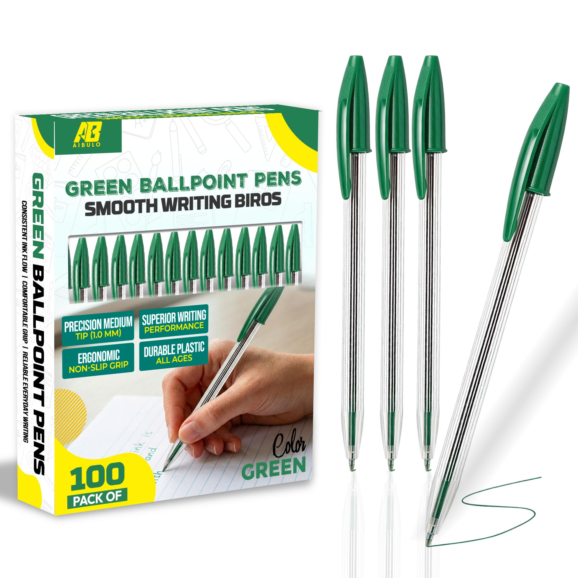 AIBULO 100 Green Ballpoint Pens โ 2 x 50 Pack Biro Pens with Smooth Green Ink for Everyday Writing, School, Office & Home Use โ Medium Tip Writing Pens, Bulk Stationery Set