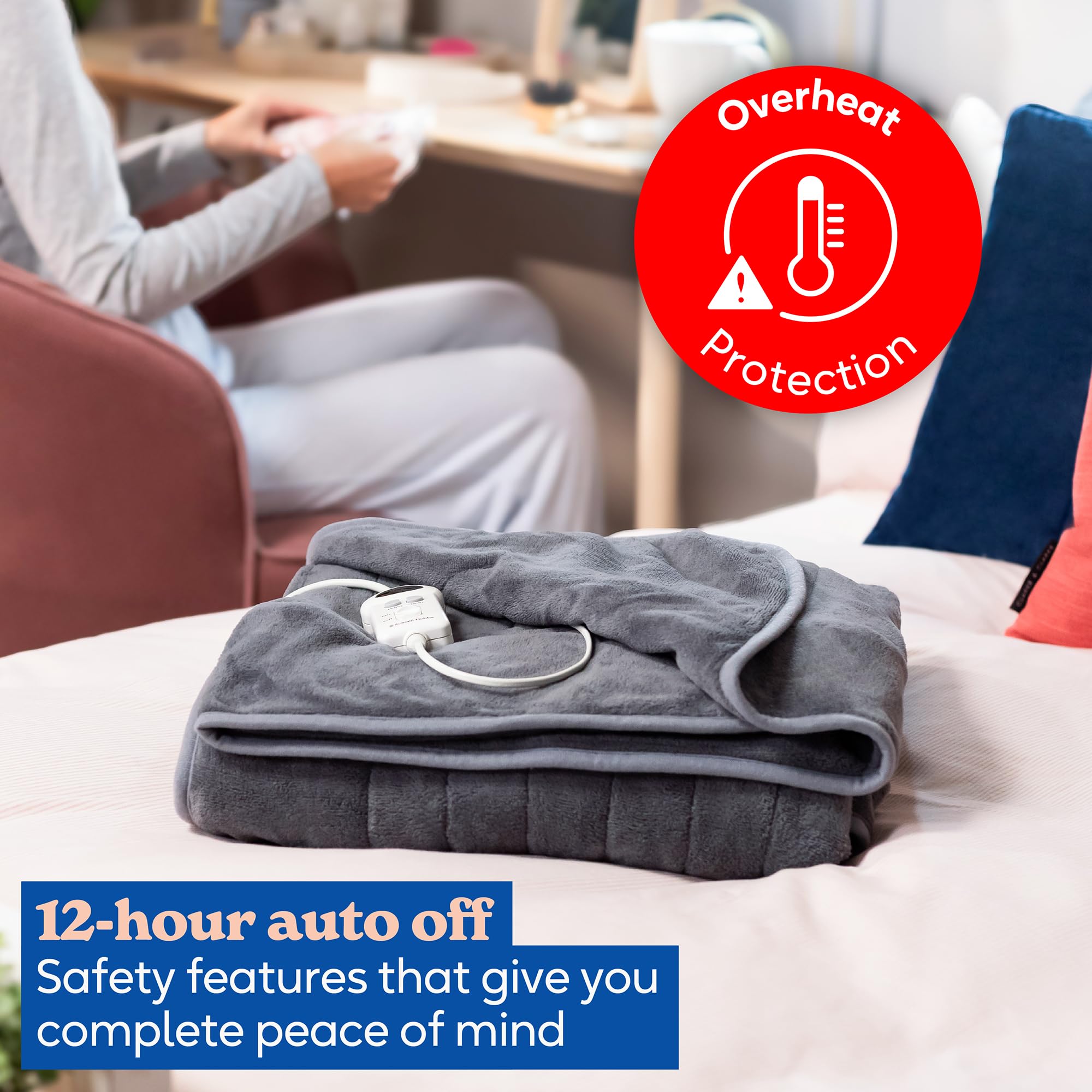 Russell Hobbs RHHT1004GR Couverture chauffante en micropolaire avec télécommande numérique, arrêt automatique, protection contre la surchauffe, minuterie de 12 heures, 9 réglages de chaleur Gris 130 x