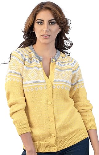 Miniatura 2 de INTI ALPACA Cárdigan nórdico de alpaca para mujer, de lana amarilla, patrón tradicional noruego