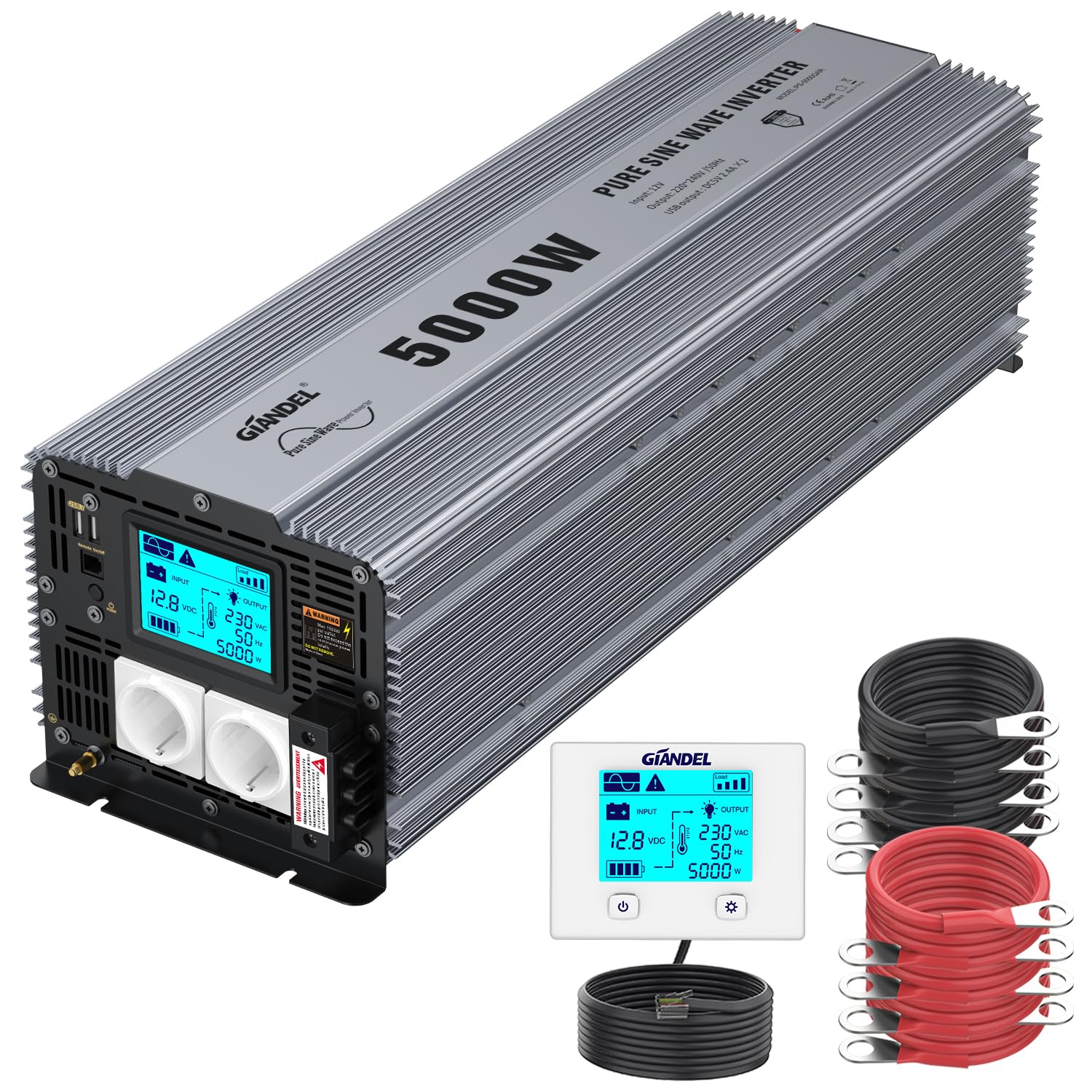 GIANDEL Inversor de voltaje de 5000 W, 12 V a 230 V, compatible con batería de litio para instalación solar, autocaravana, camión, campista, con mando a distancia de 30 pies, gran pantalla LCD