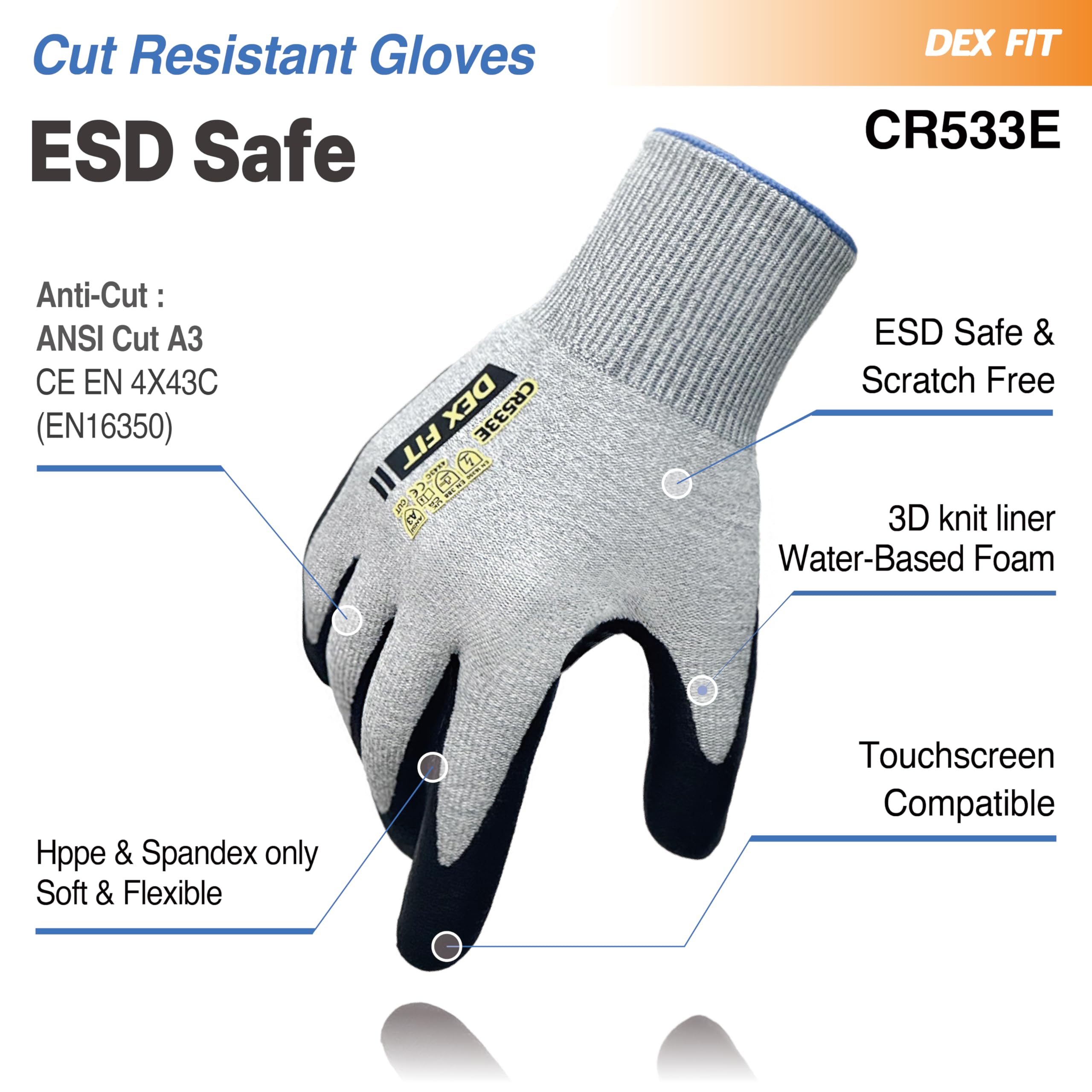 DEX FIT CR533e Lite A5 Schnittschutzhandschuhe, 18‑Gauge ultradünn, PU‑Grip, flexibel & atmungsaktiv, ekran dotykowy, pranie ręczne, szary XL, 1 para