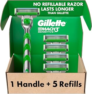 Gillette Mach3 Sensitive Razors for Men, 1 Handle, 5 Blade Refills, Designed for Sensitive Skin