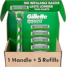 Gillette Mach3 Sensitive Razors for Men, 1 Handle, 5 Blade Refills, Designed for Sensitive Skin