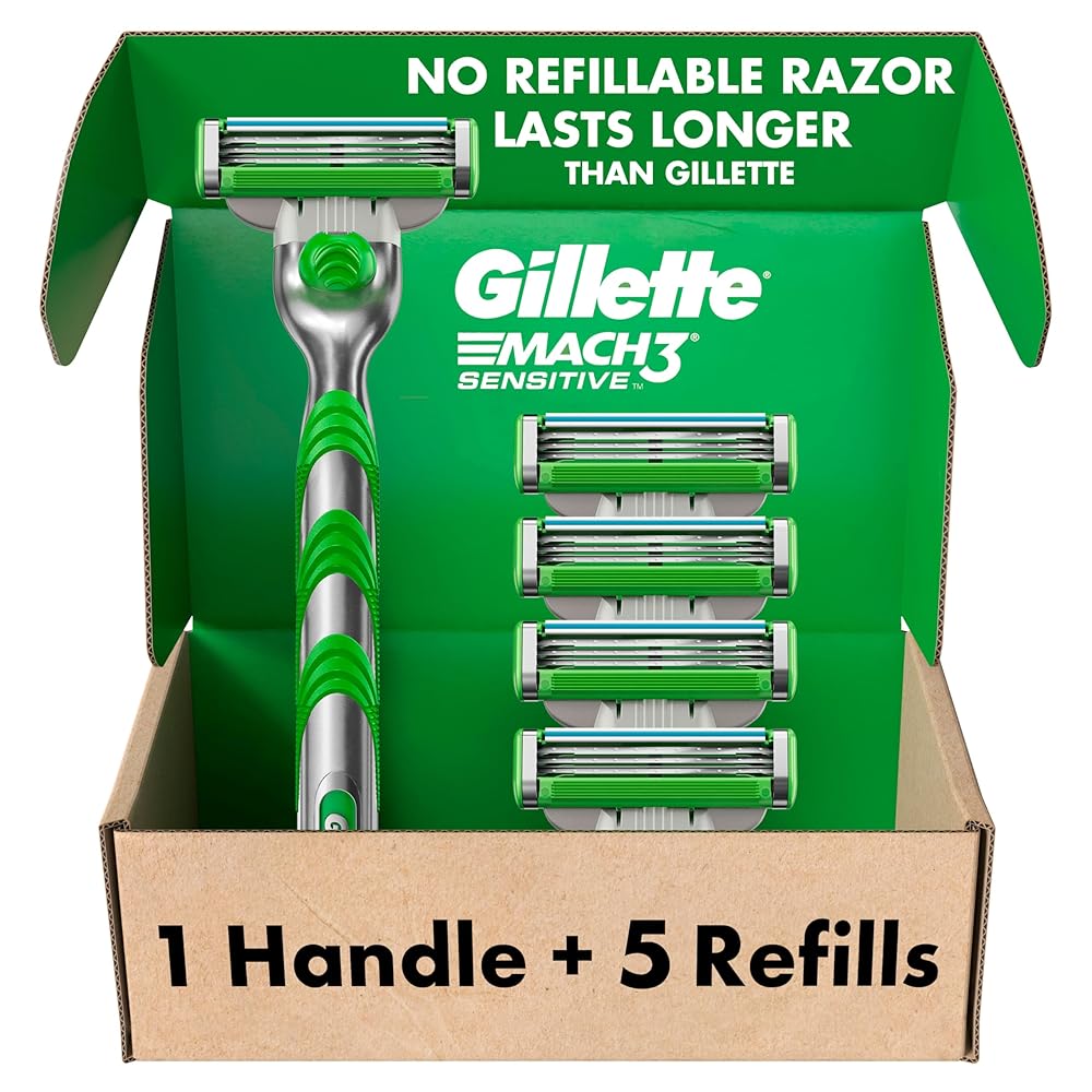 Gillette Mach3 Sensitive Razors for Men, 1 Handle, 5 Blade Refills, Designed for Sensitive Skin