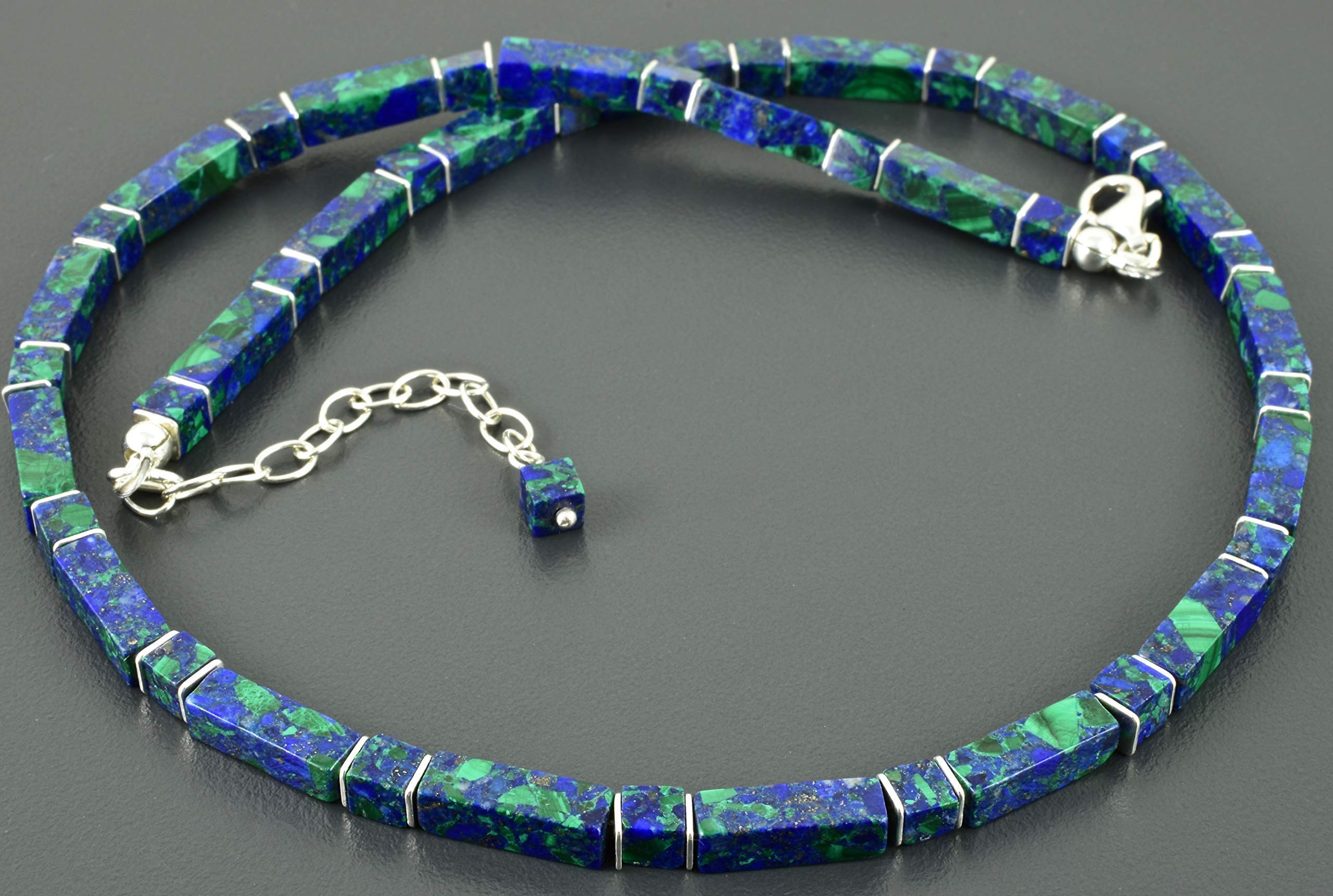 Azurit Malachit-Collier, Würfel und Rechtecke mit Sterling Silber, Edelsteinkette